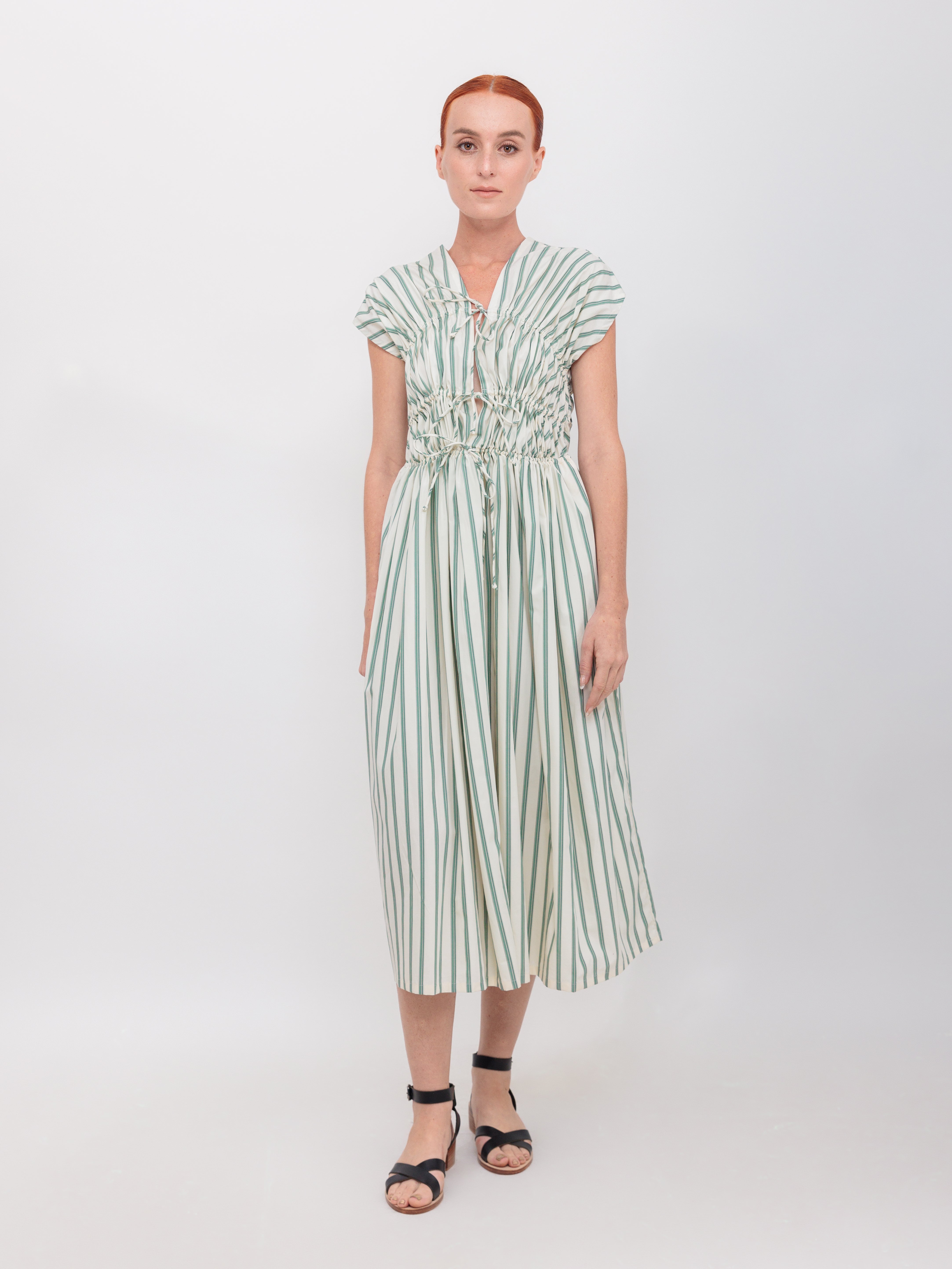 3 Tier Bias Cut Dress in Green Double Stripe