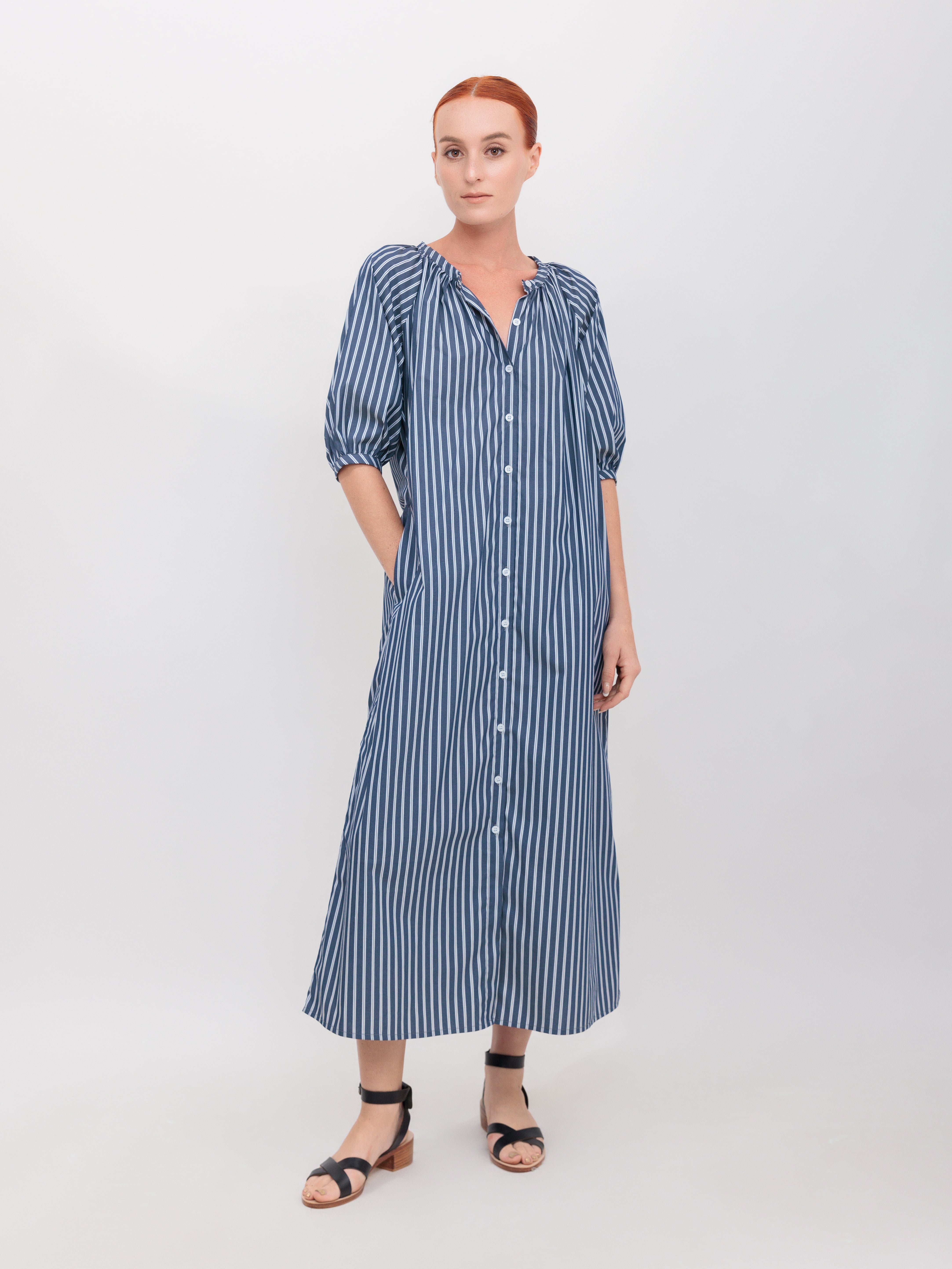 Button Down Maxi Dress Navy Double Stripe