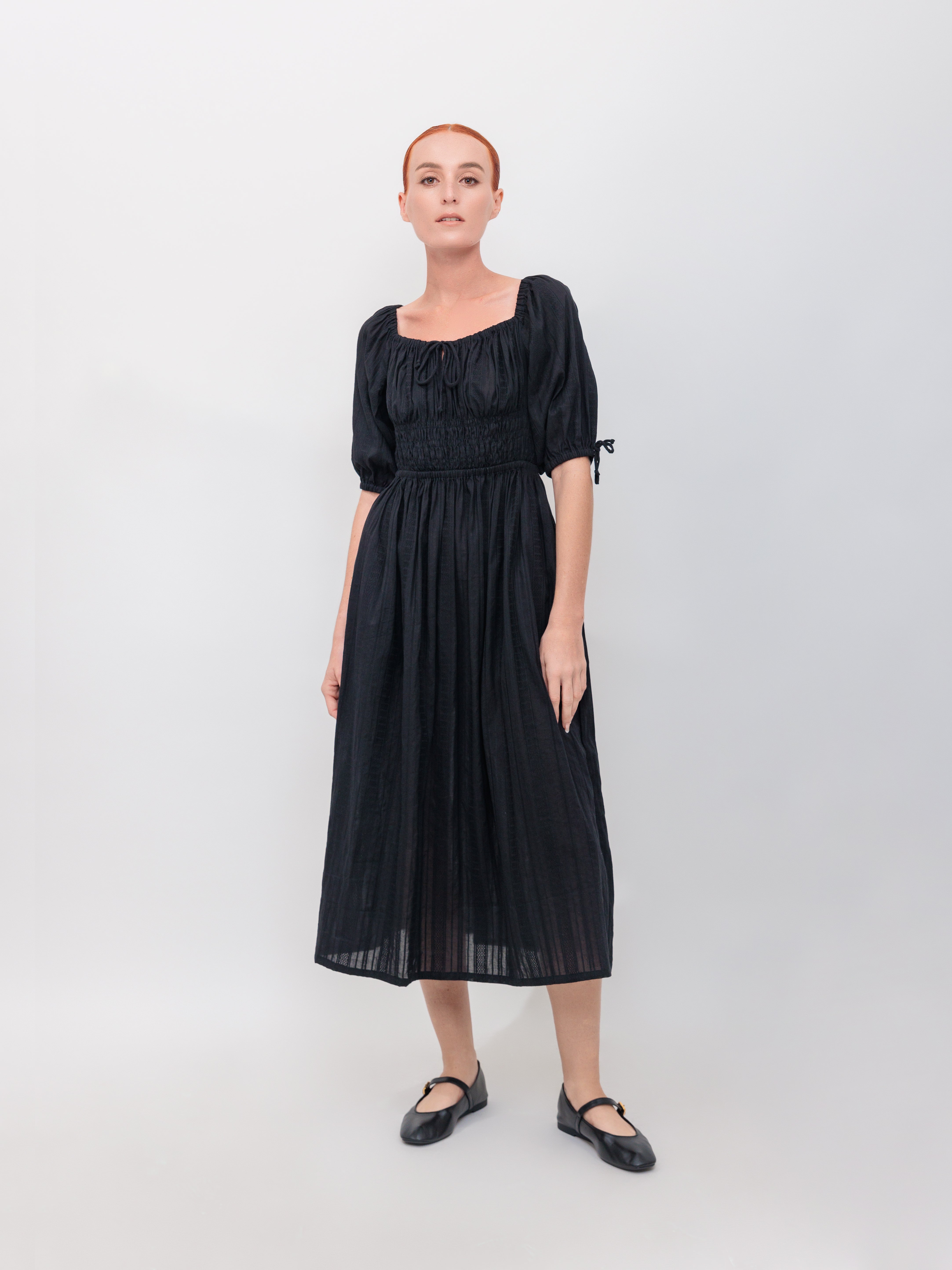 Quarter Length Sleeve Gathered Bust Dress in Black Embroidery Stripe