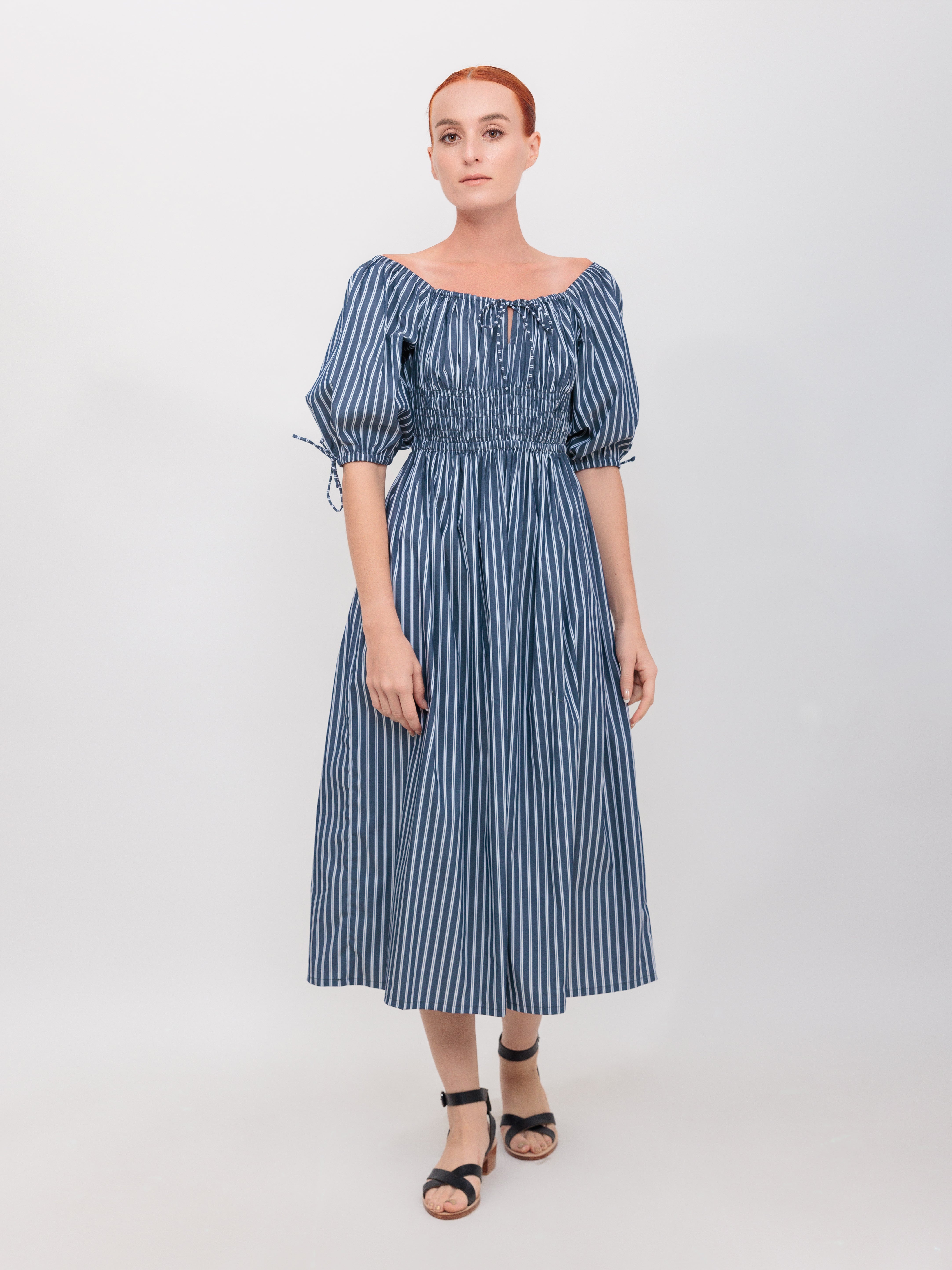 Quarter Length Sleeve Gathered Bust Dress in Navy Double Stripe