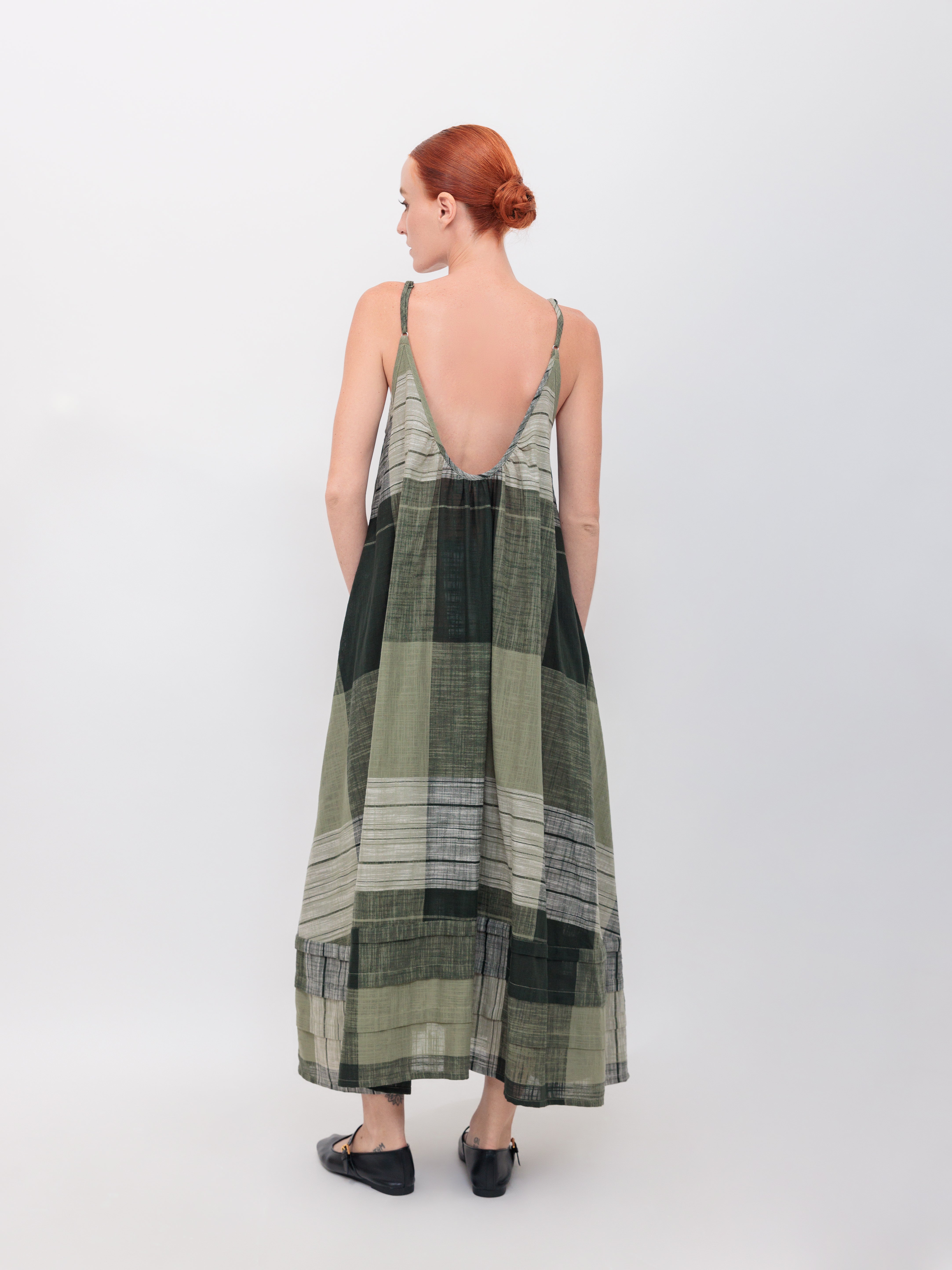 Pleated A-Line Maxi Tank Dress in Green Windowpane