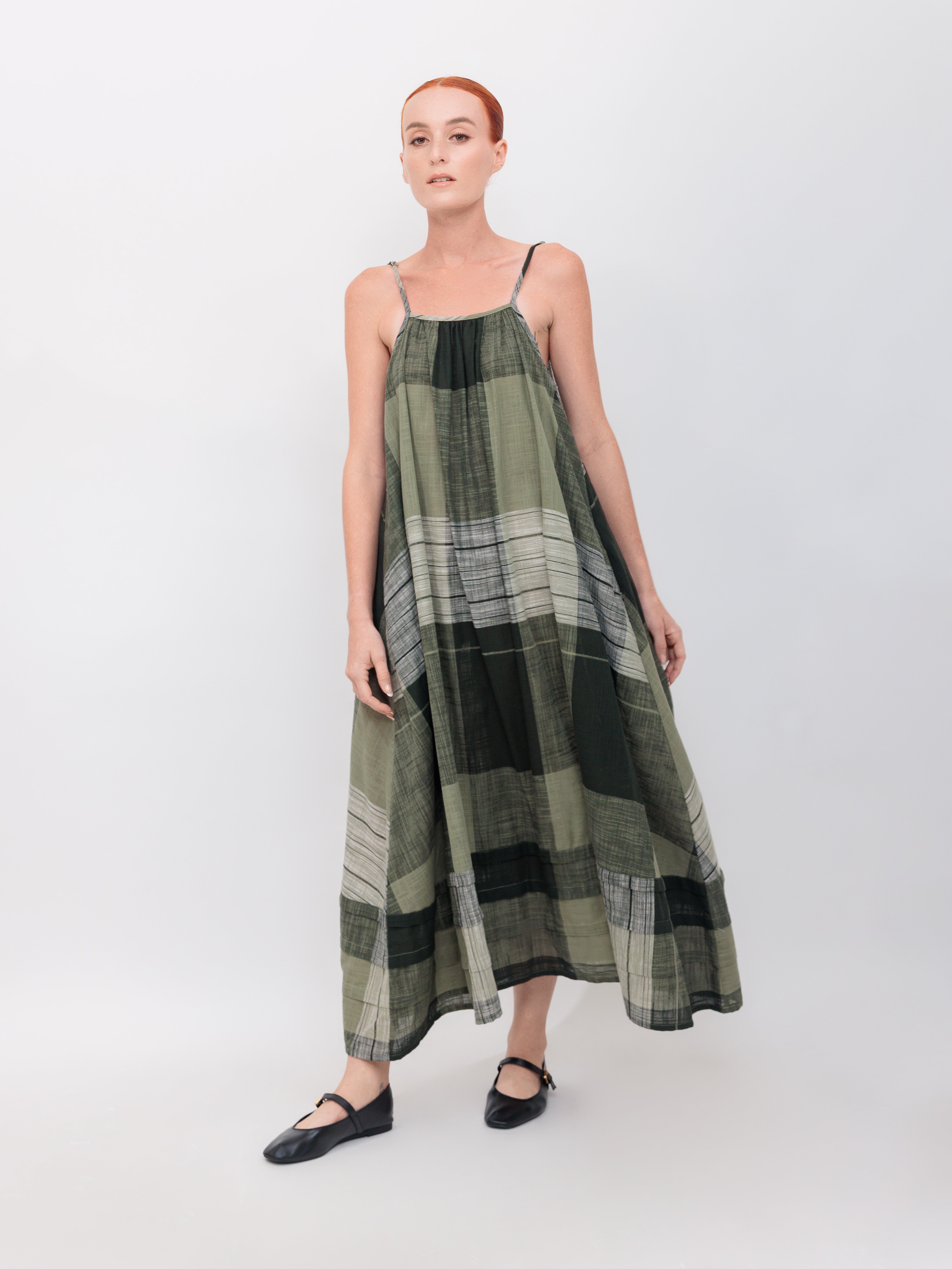 Pleated A-Line Maxi Tank Dress in Green Windowpane