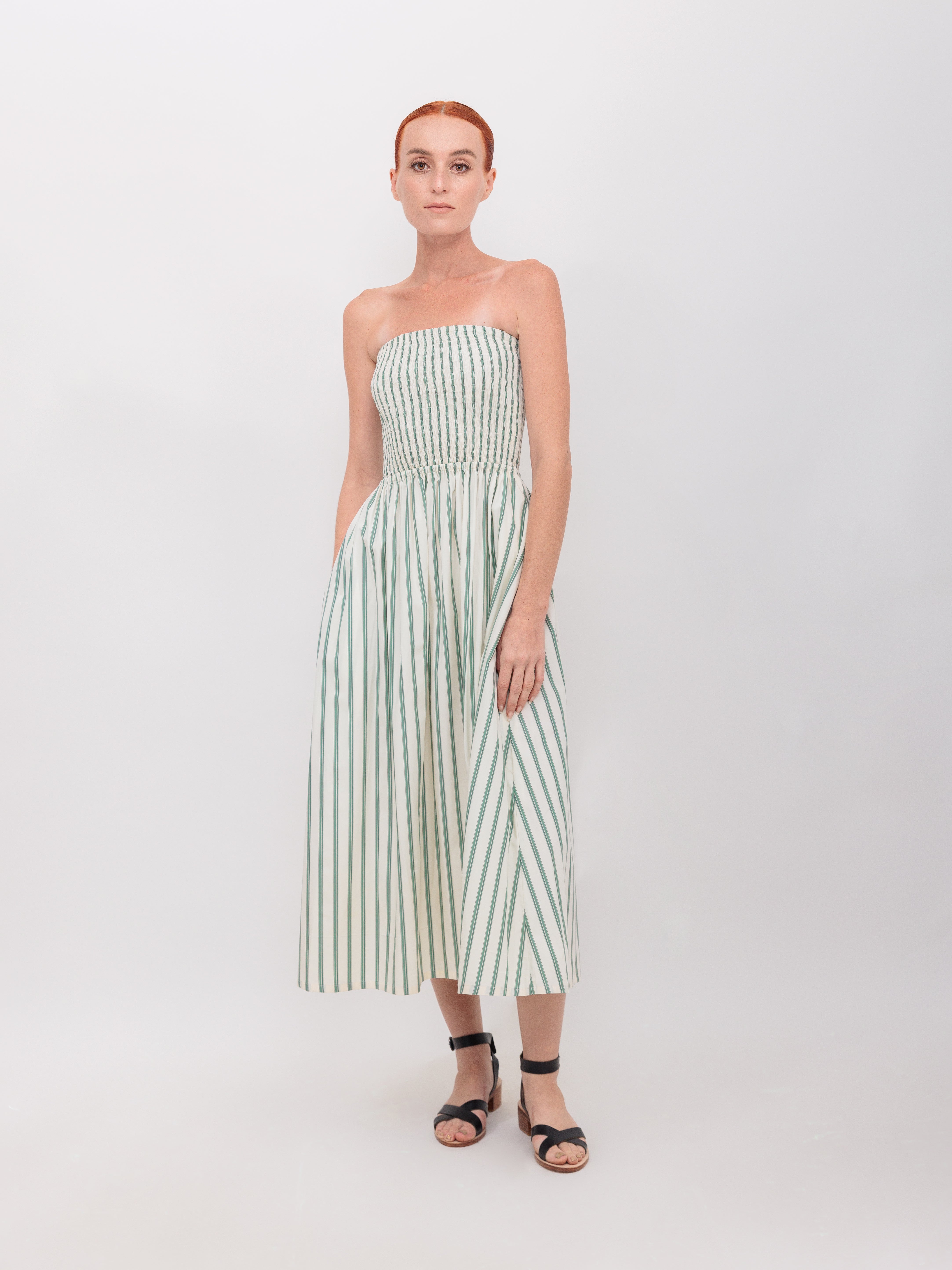 Shirred Tube Top Midi Dress in Green Double Stripe