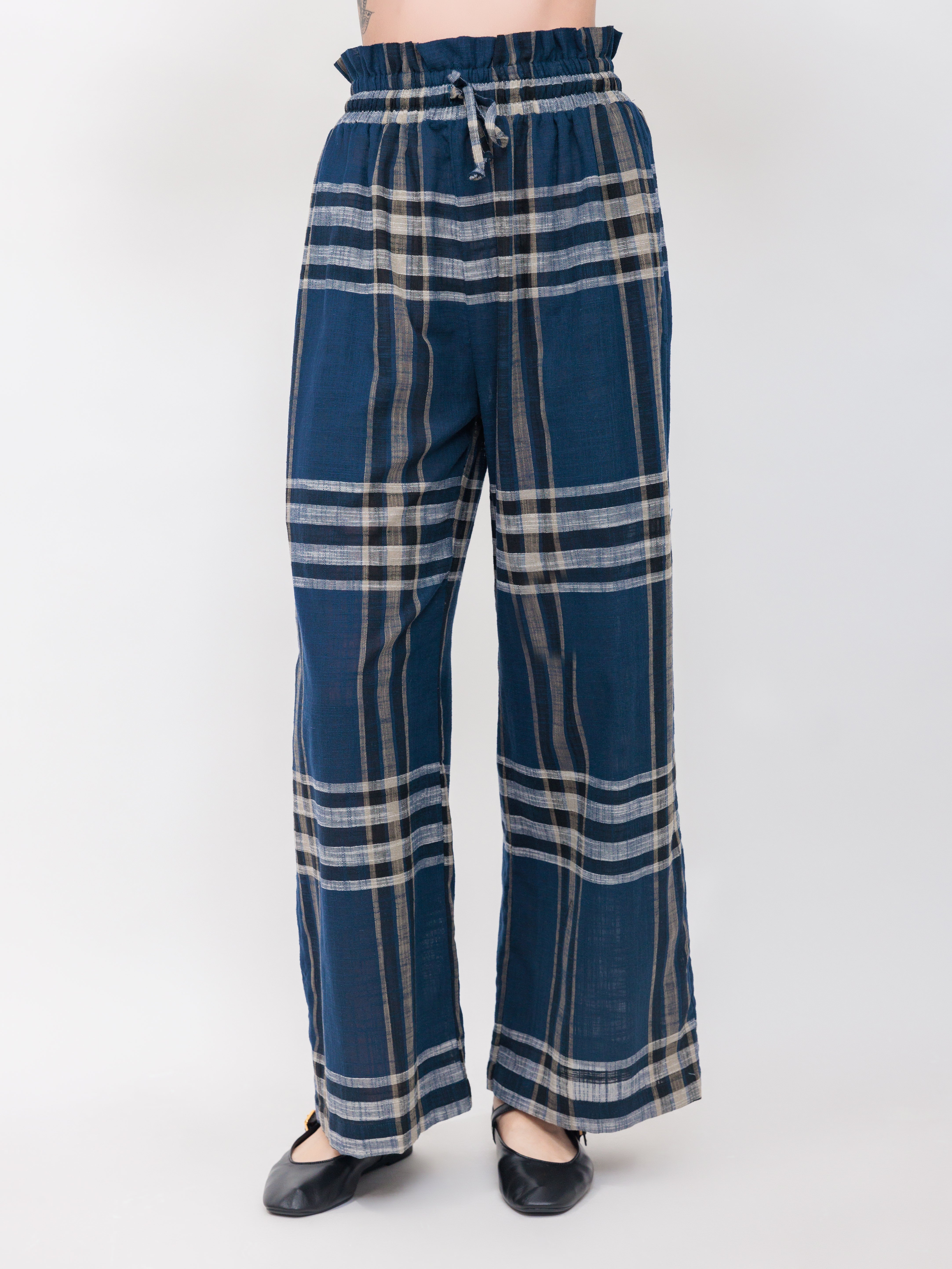 High Waisted Lounge Pants in Navy Windowpane