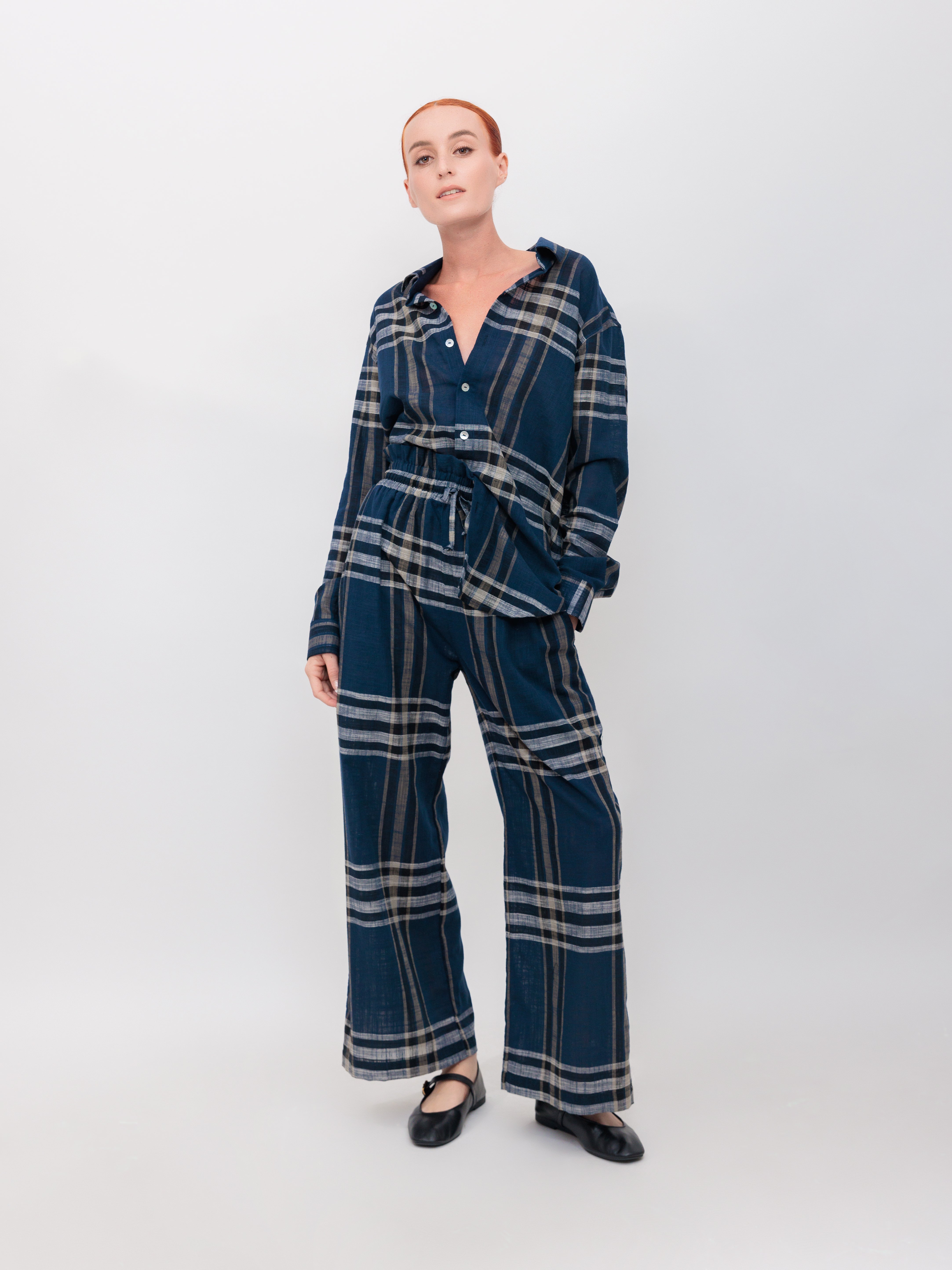 Oversized Button Down Top in Navy Windowpane