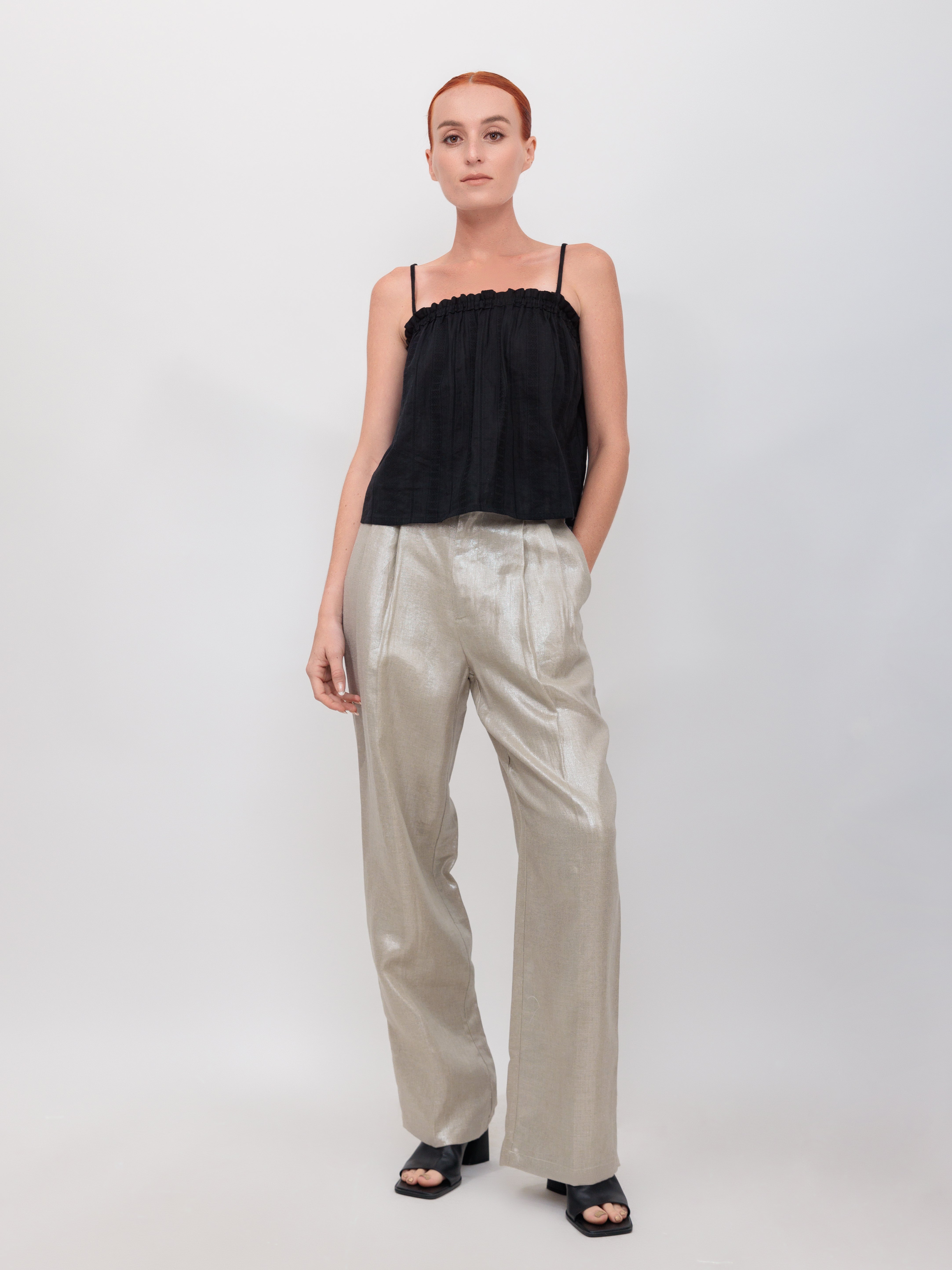 High Waisted Pleated Trouser Pant in Champagne Shimmer Twill