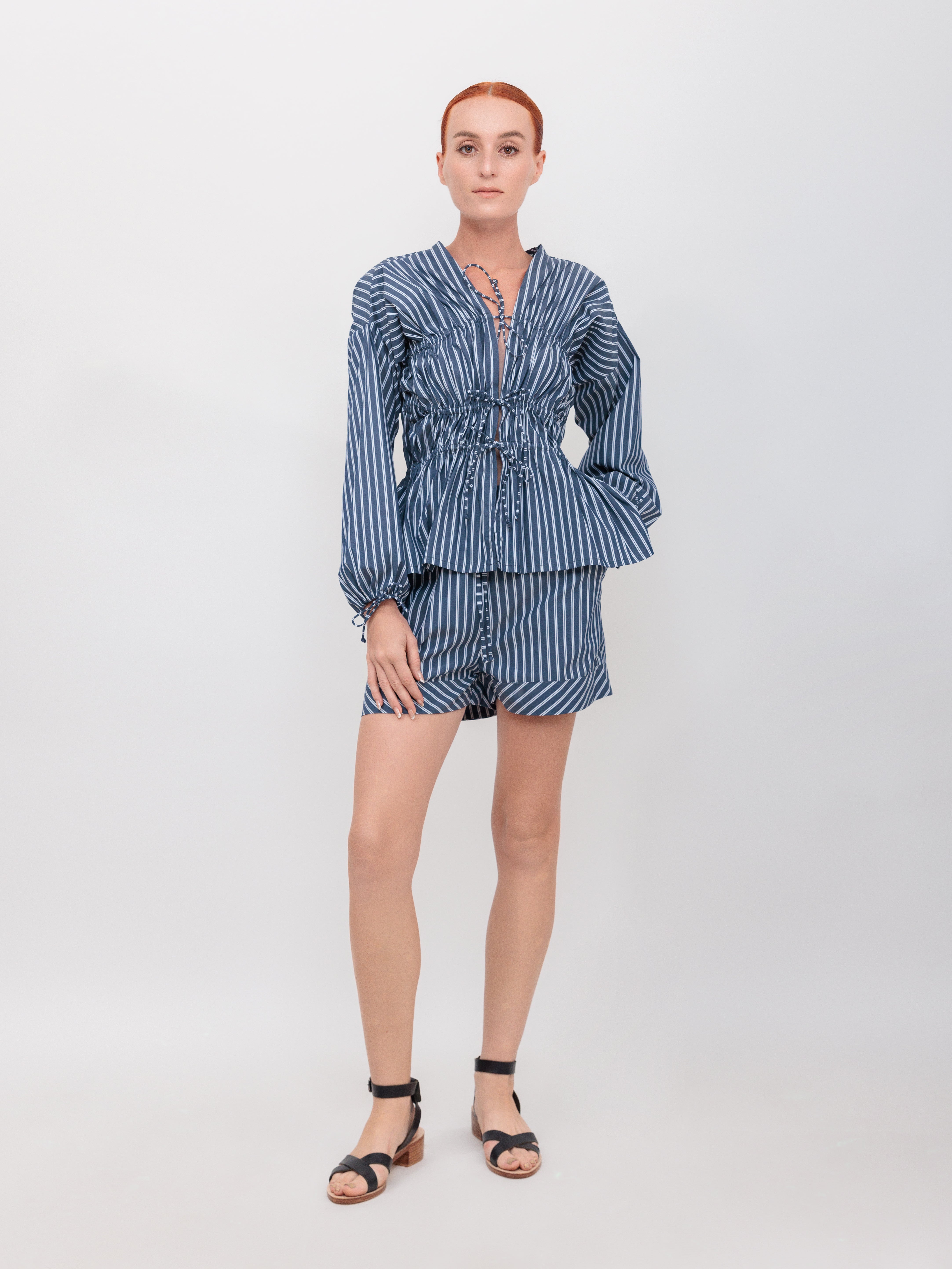 Long Sleeve 3 Tier Bias Cut Top in Navy Double Stripe