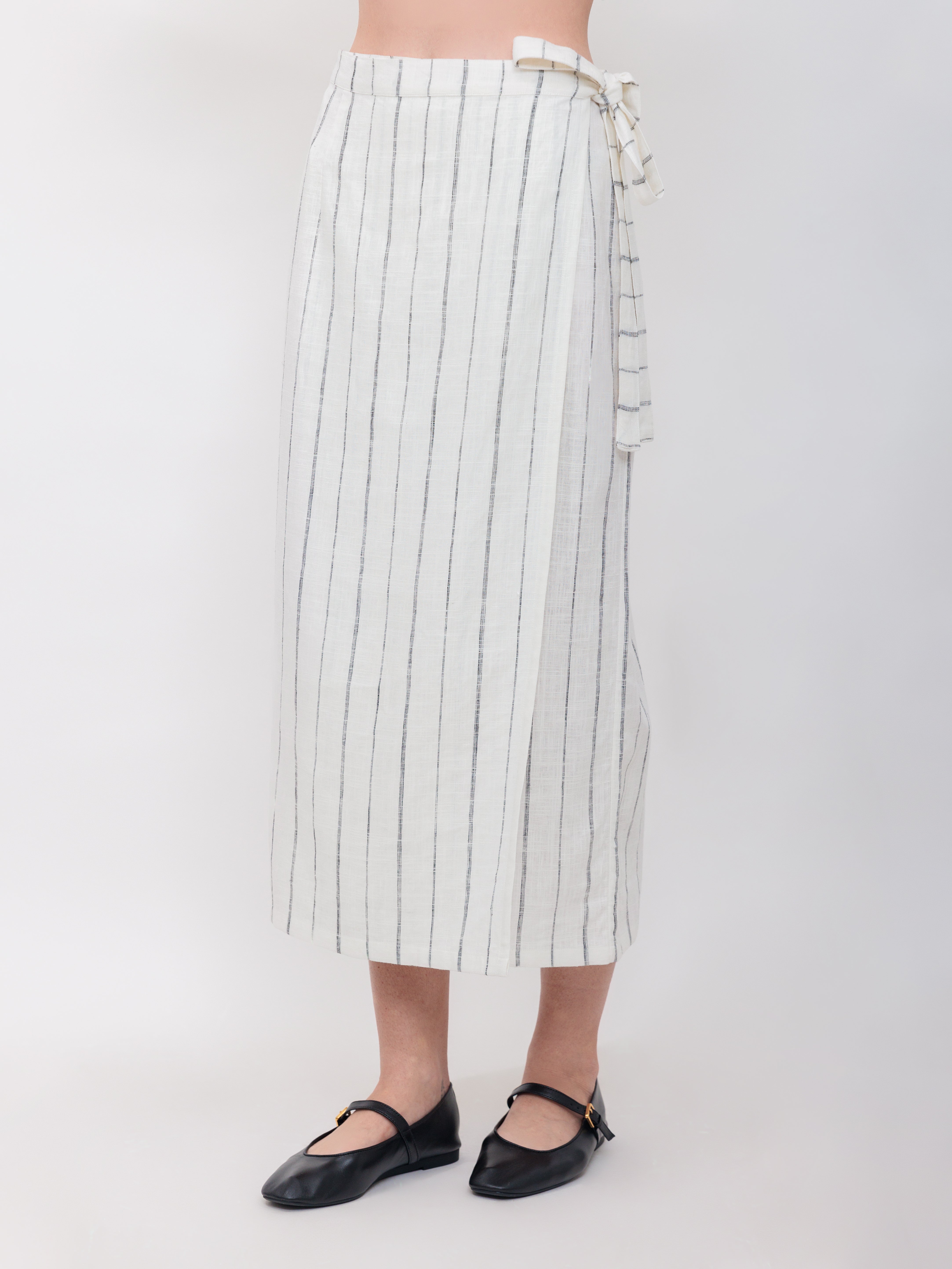 Sarong Wrap Skirt in White with Black Stitch Stripe Linen