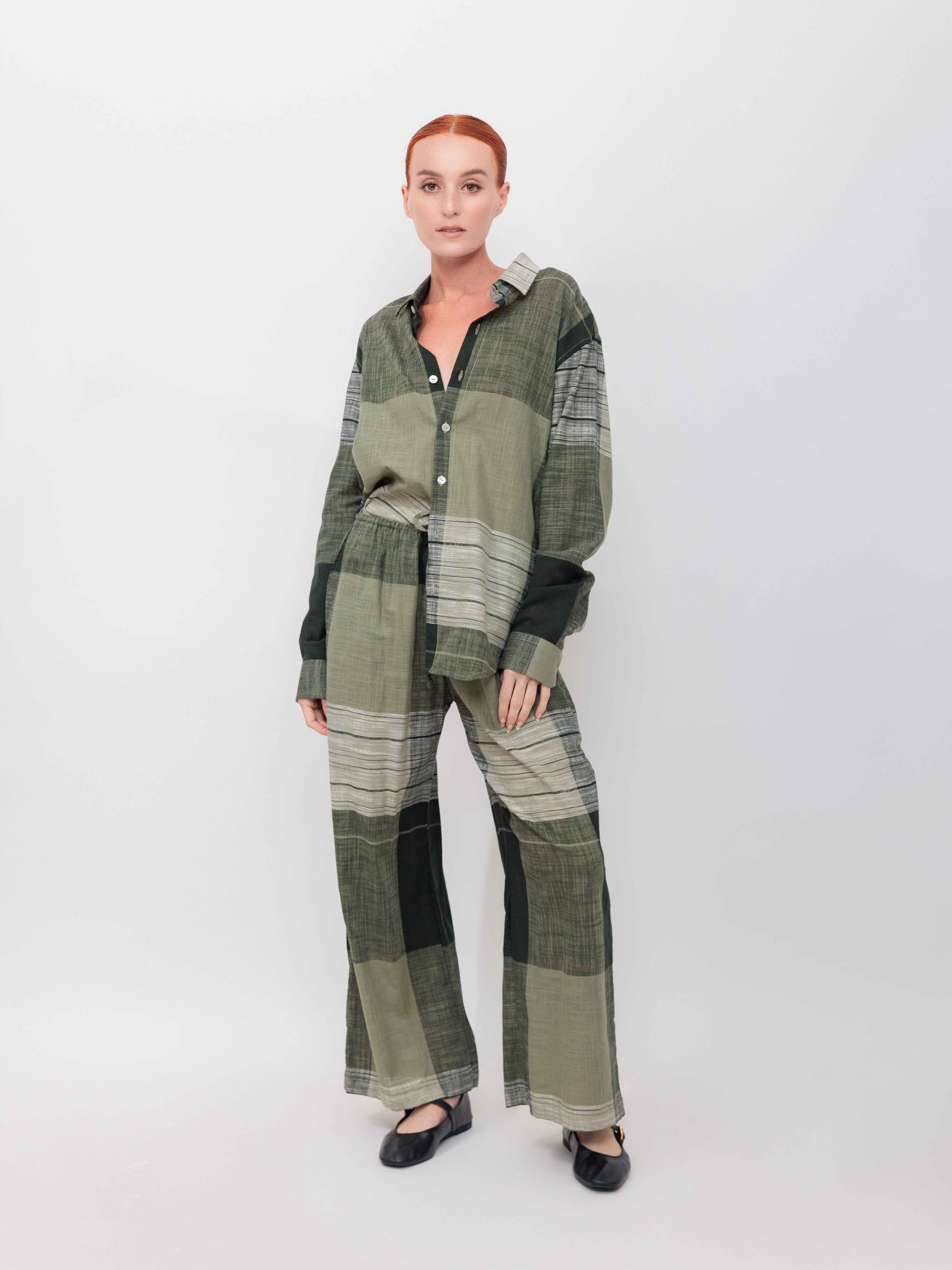 Oversized Button Down Top in Green Windowpane