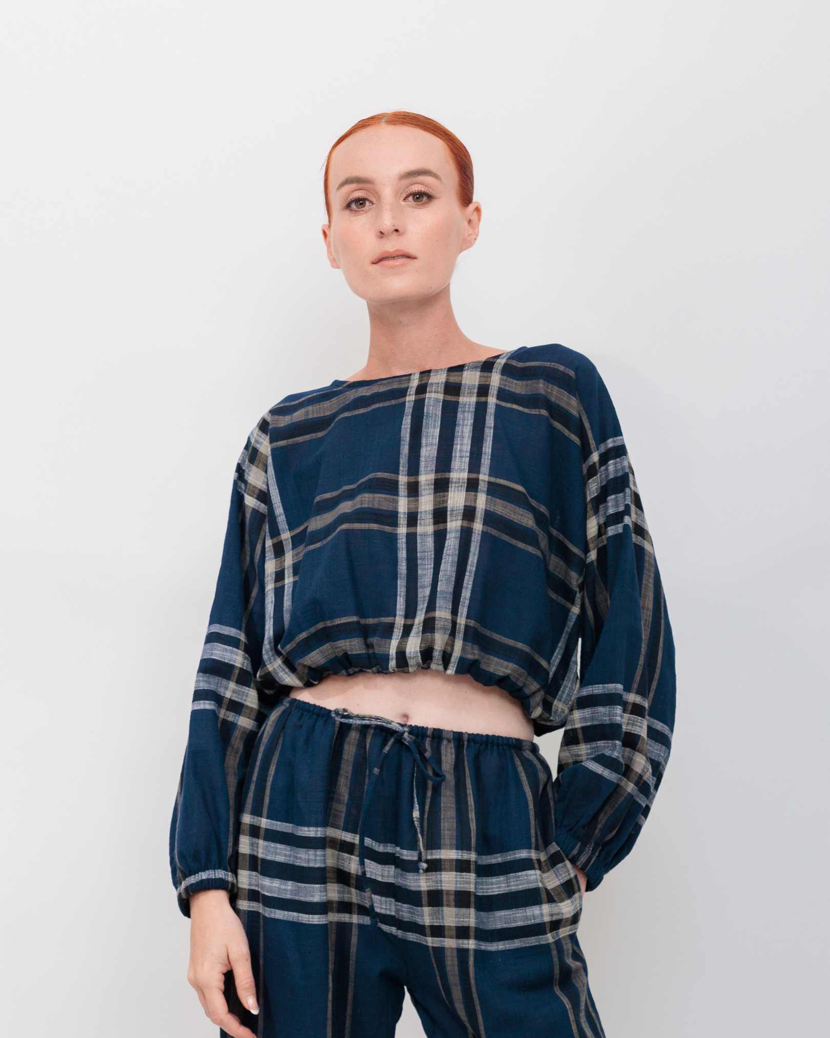 Long Sleeve Bubble Crop Top in Navy Windowpane