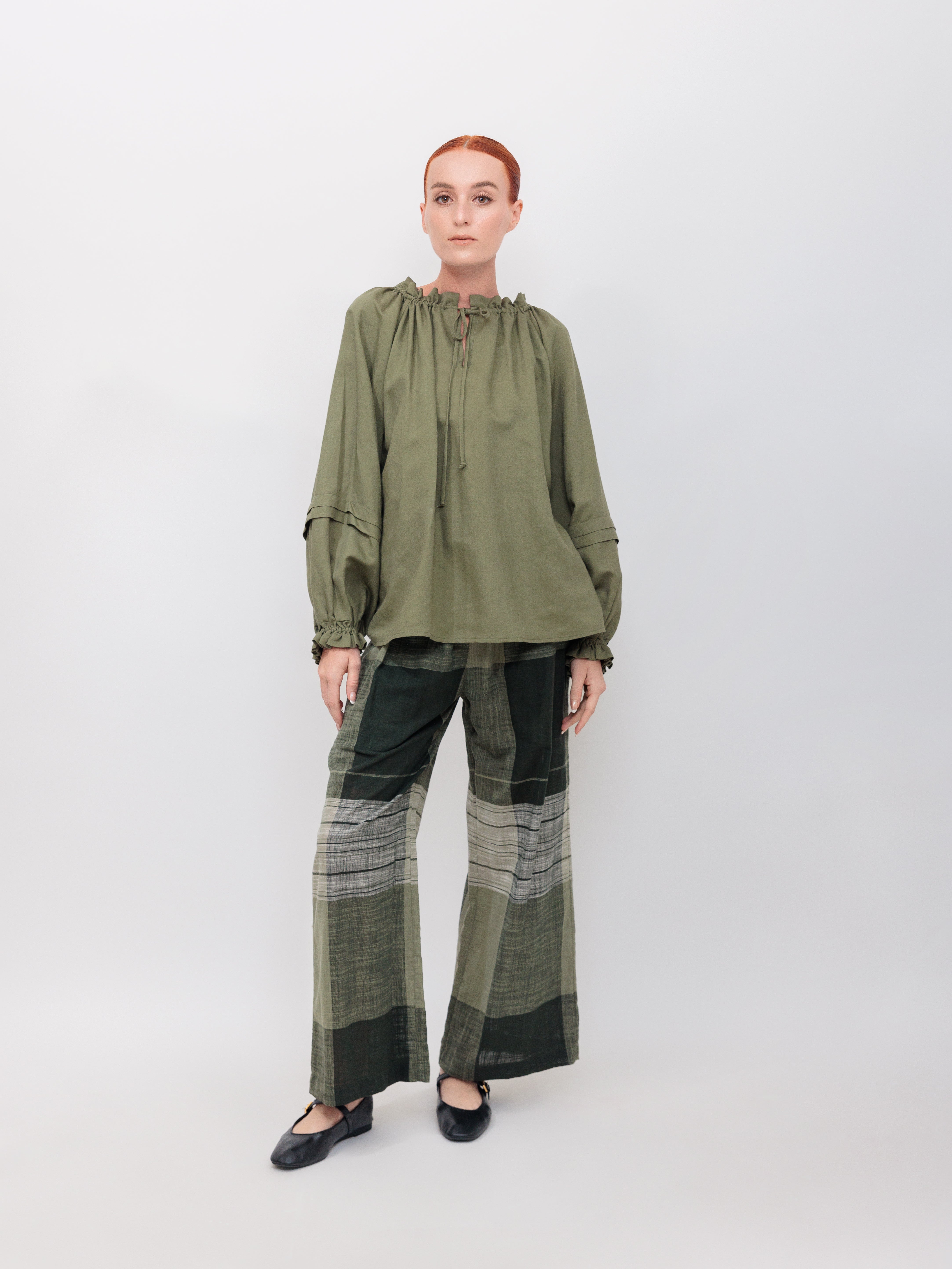 Long Sleeve Pleated Lounge Top in Army Green