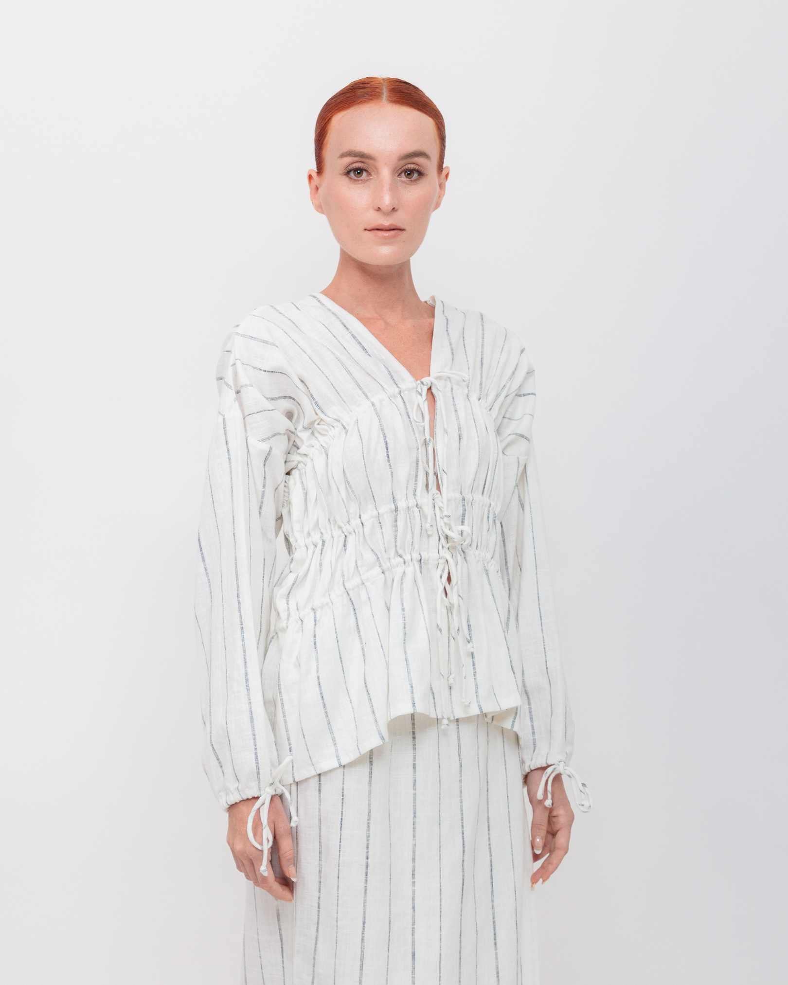 Long Sleeve 3 Tier Bias Cut Top in White with Black Stitch Stripe Linen