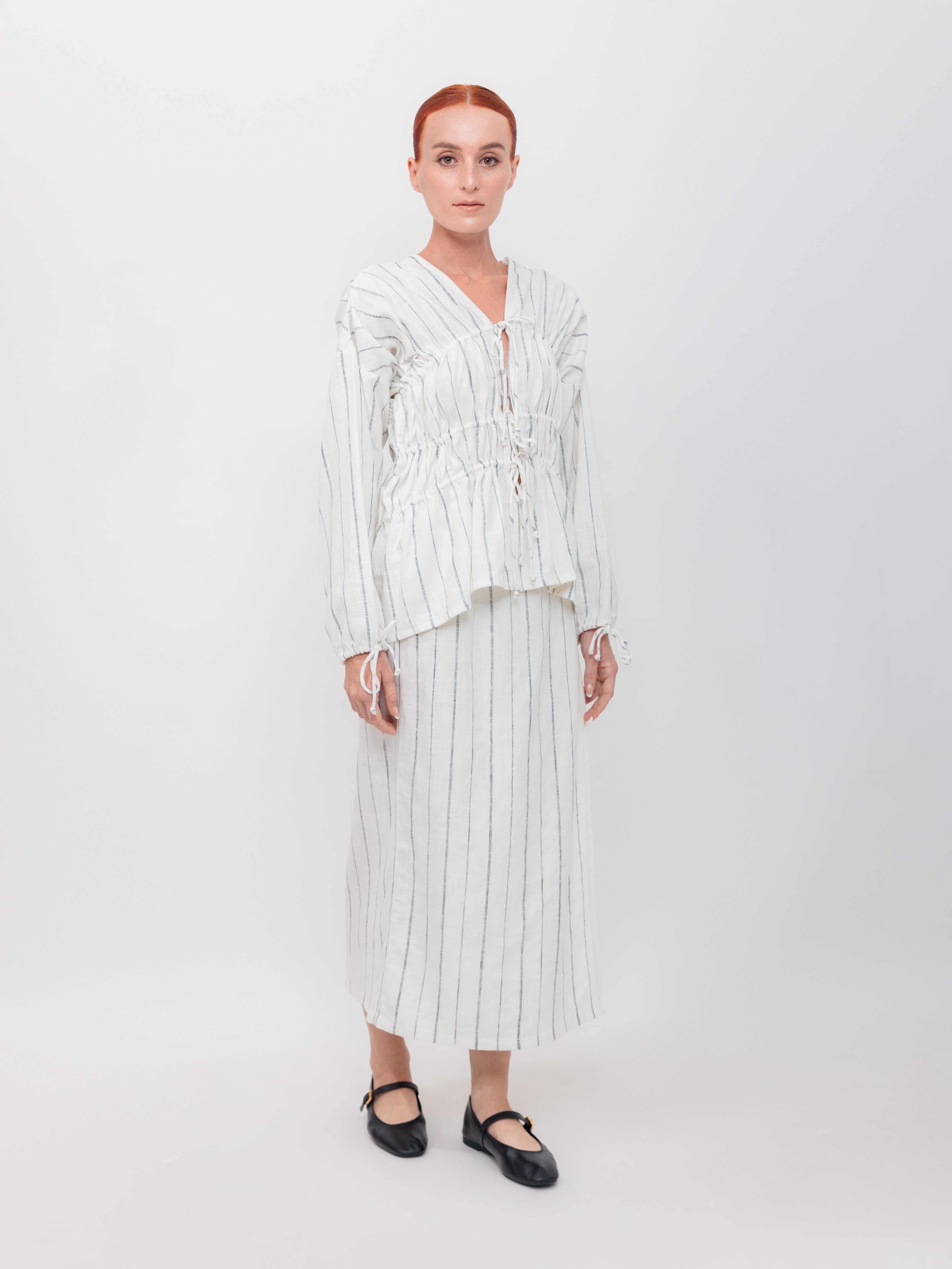 Long Sleeve 3 Tier Bias Cut Top in White with Black Stitch Stripe Linen