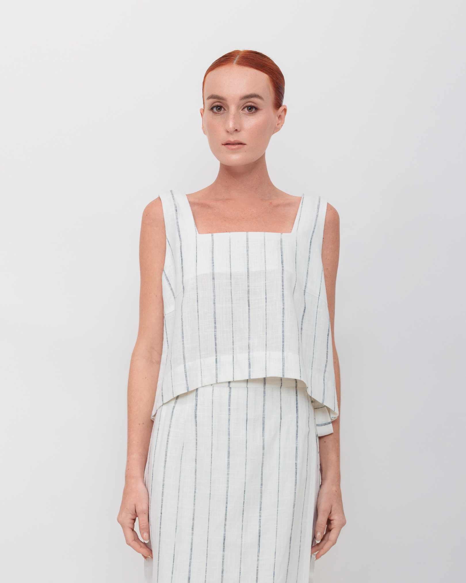 Square Neckline Tank Top in White with Black Stitch Stripe Linen