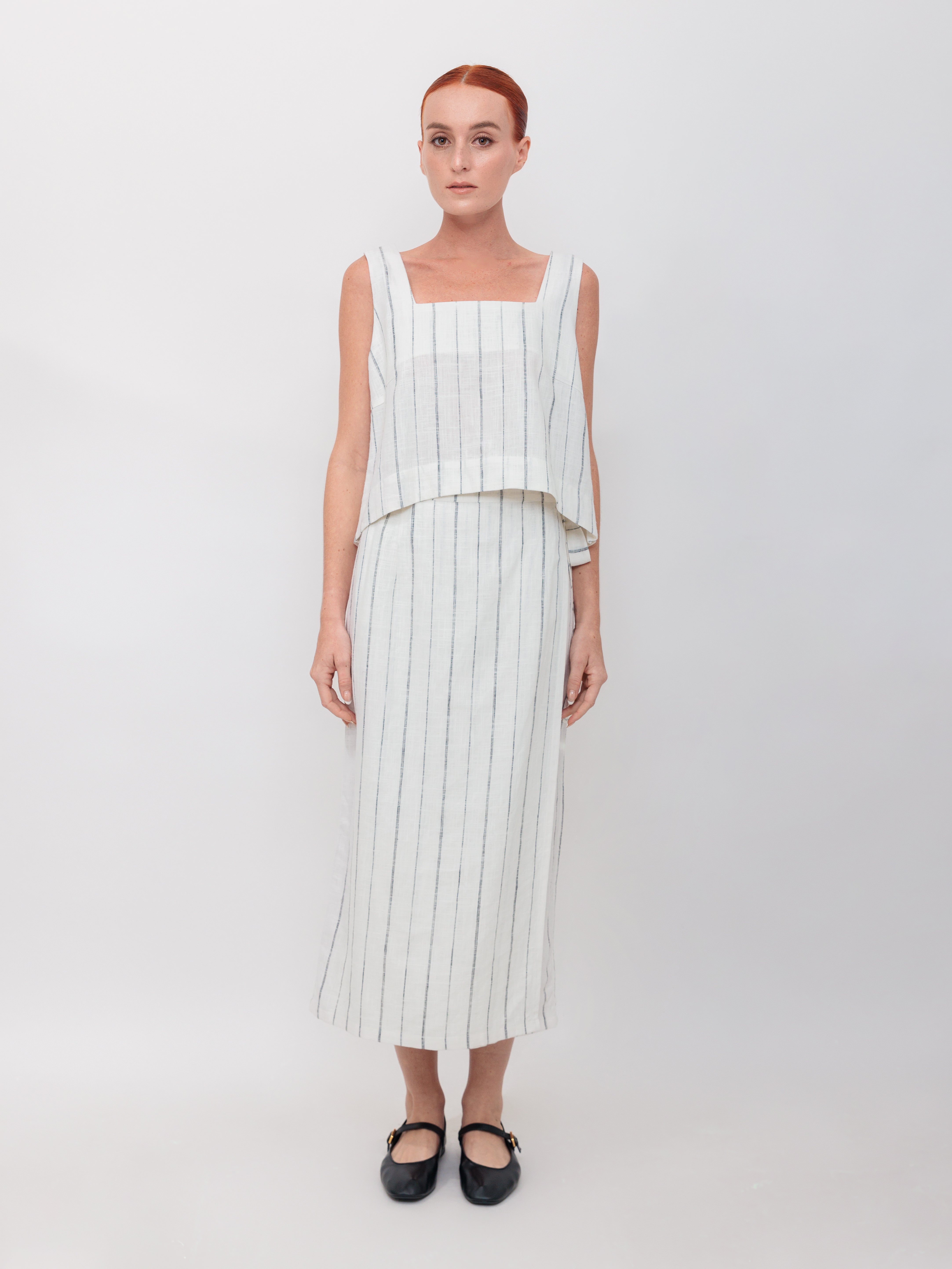Square Neckline Tank Top in White with Black Stitch Stripe Linen