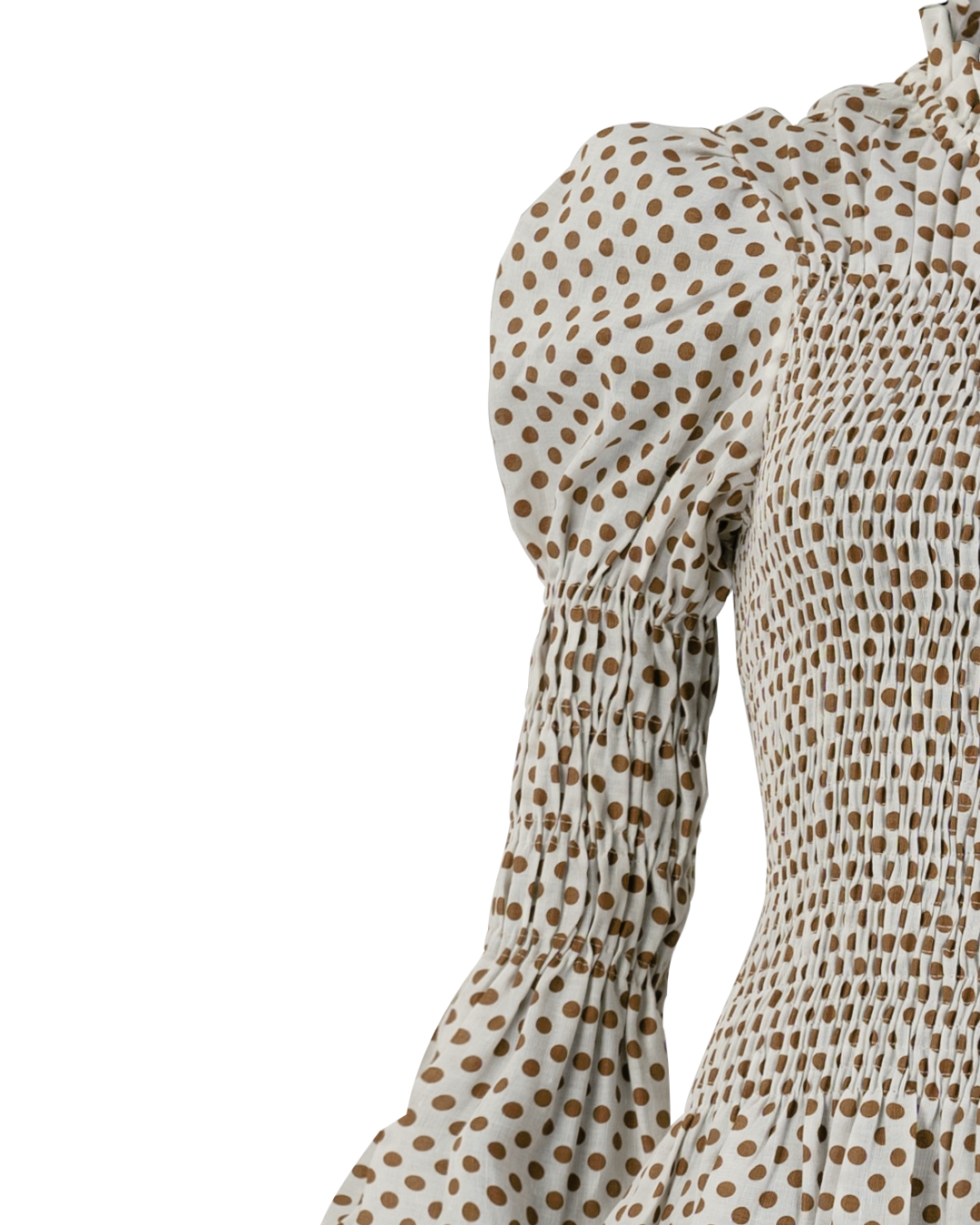 Shirring Turtleneck in Brown Polka Dot Linen