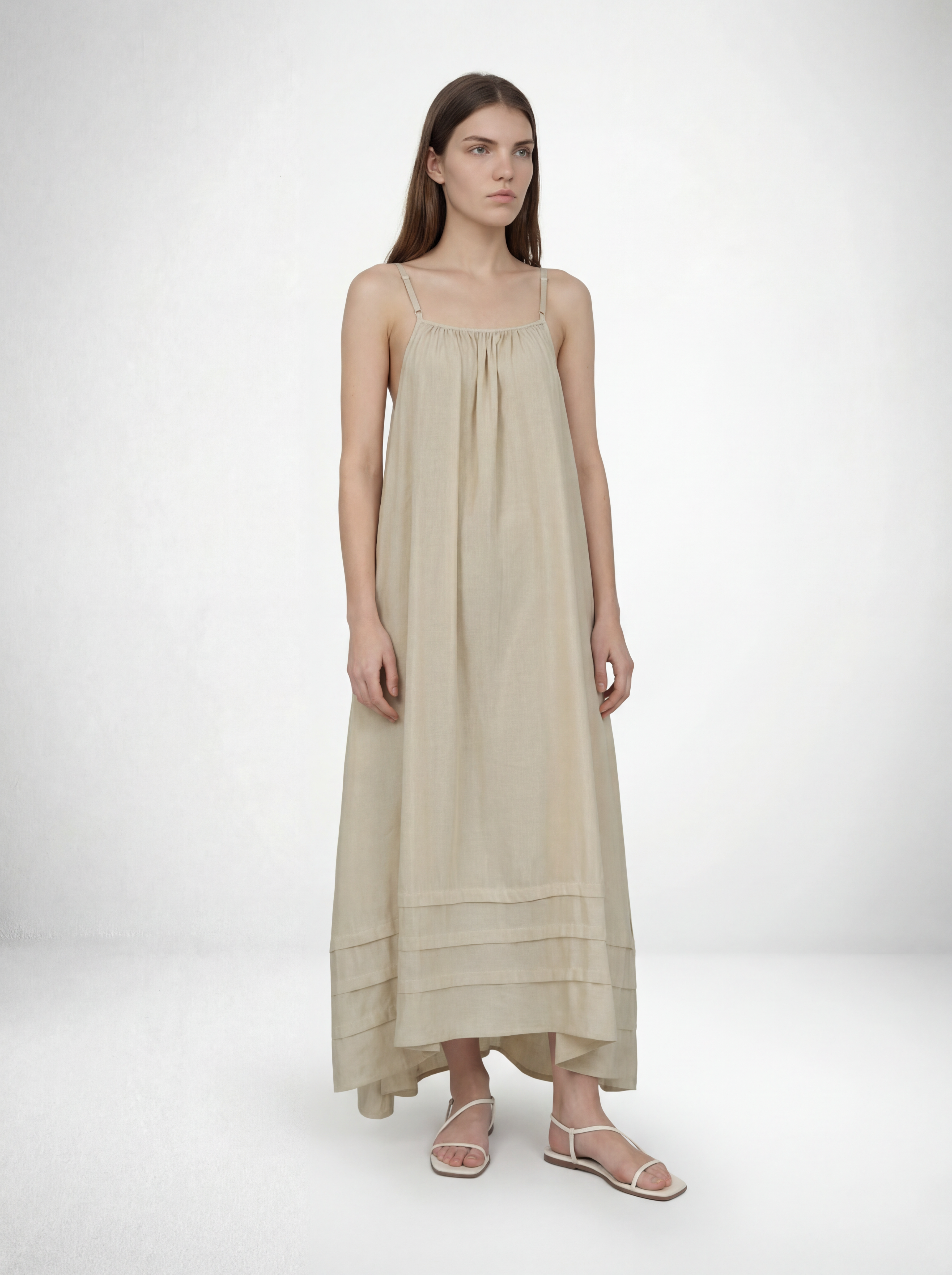 Pleated A-Line Maxi Tank Dress in Cream