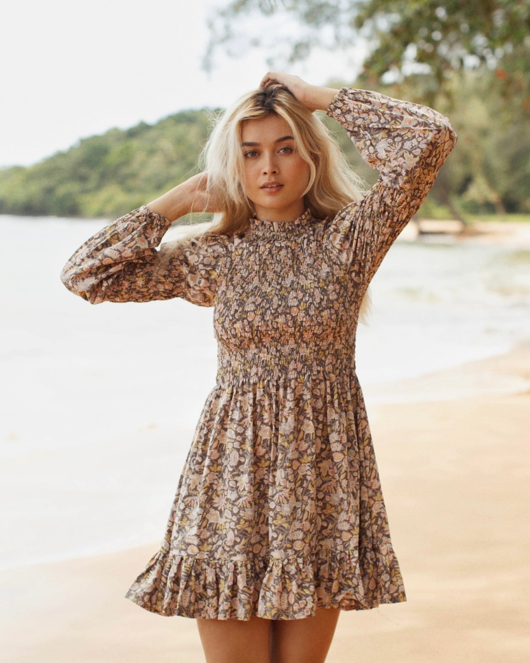 Shirred Turtleneck Mini Dress in Paisley