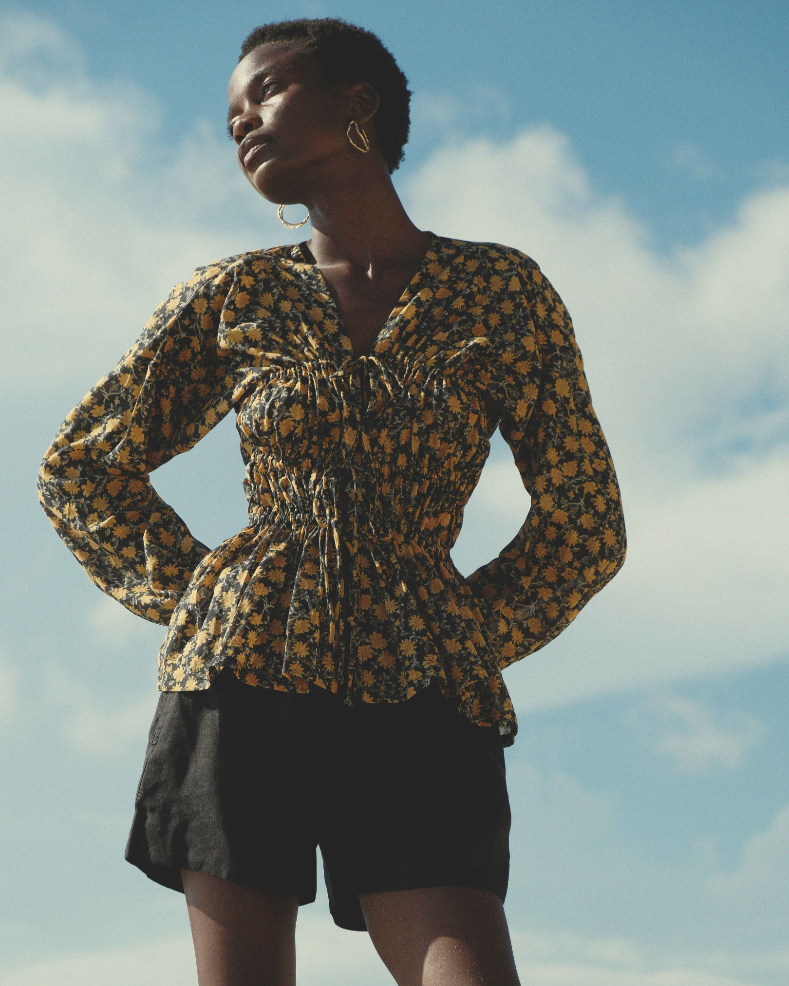 Long Sleeve 3-Tier Bias Cut Top in Orange Floral