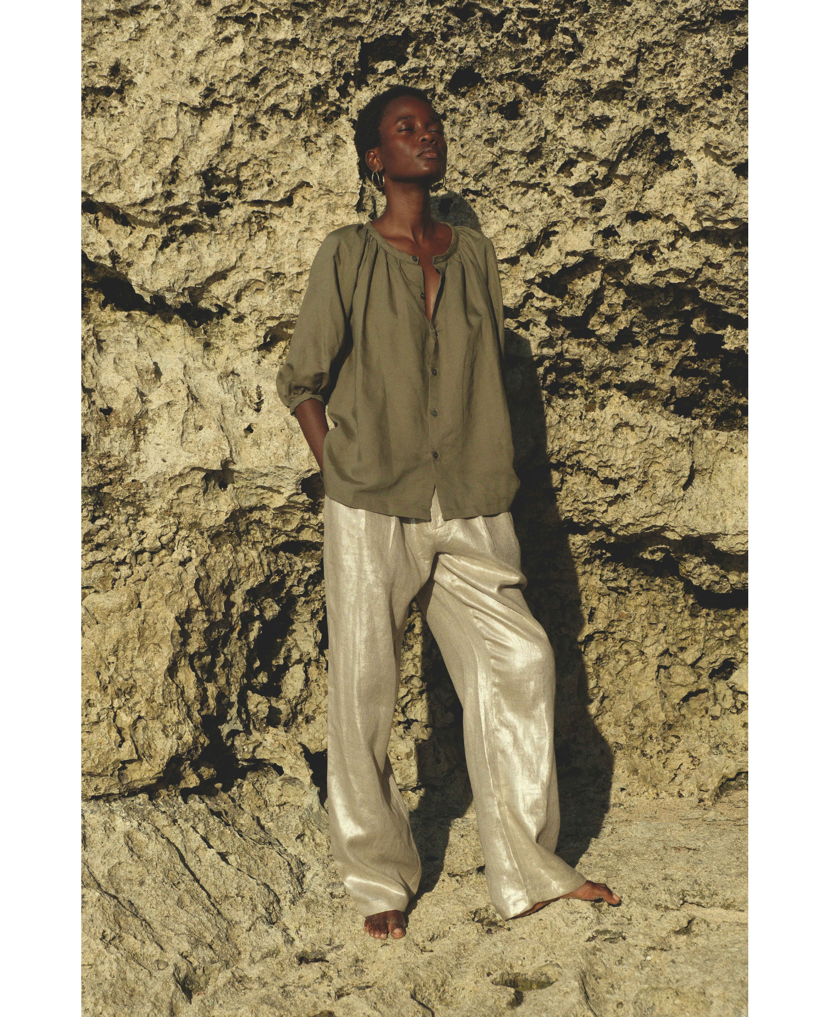 High-Waisted Pleated Trouser Pant in Champagne Shimmer Twill Linen