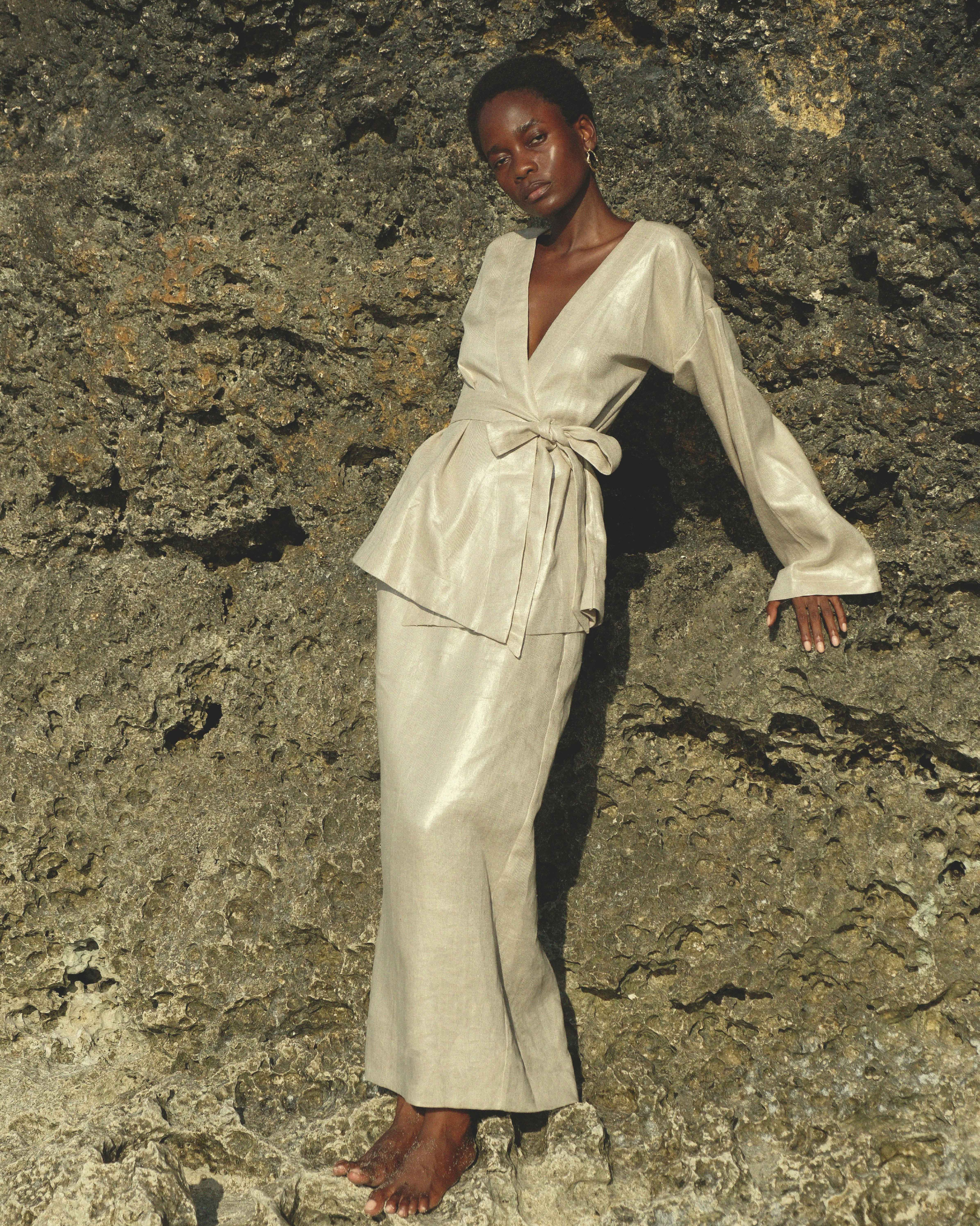 Kimono Long Sleeve Wrap Top in Champagne Shimmer Twill Linen Kimono Long Sleeve Wrap Top in Champagne Shimmer Twill Linen
