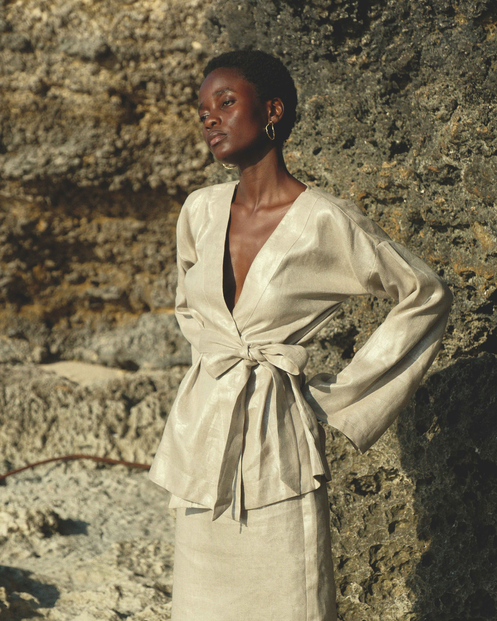 Kimono Long Sleeve Wrap Top in Champagne Shimmer Twill