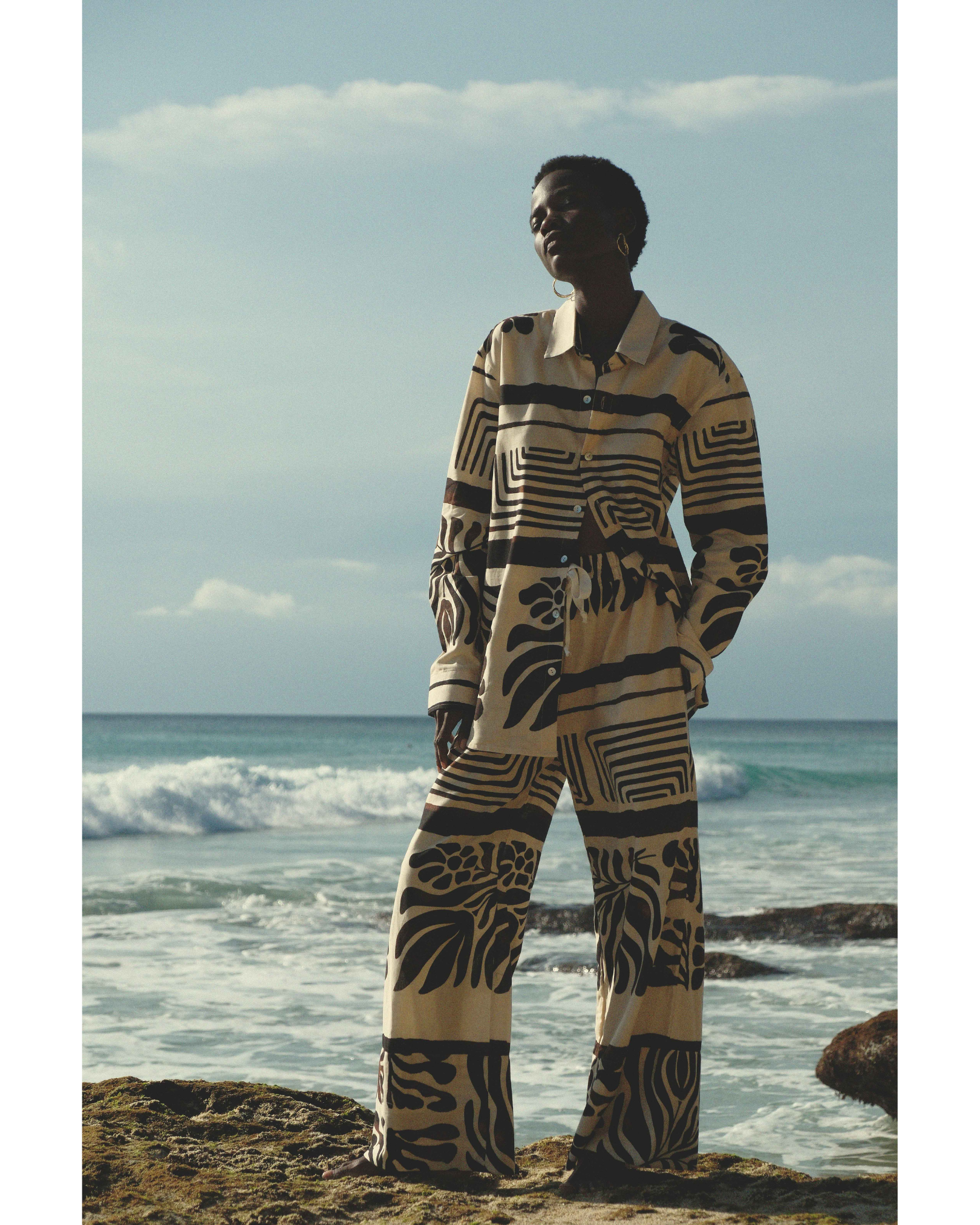 Big Hem Drawstring Pants in Brown & Cream