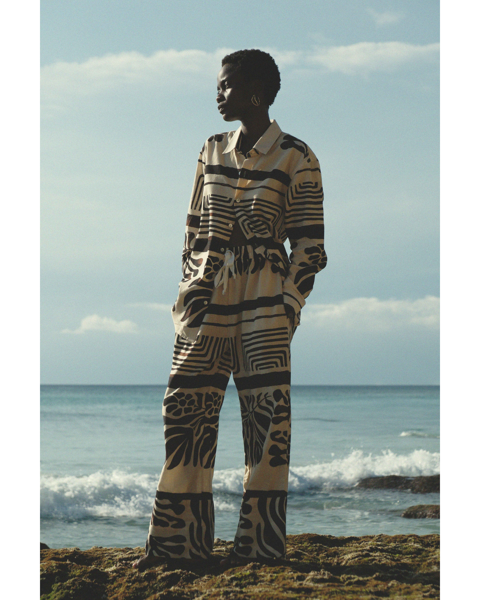 Big Hem Drawstring Pants in Brown & Cream