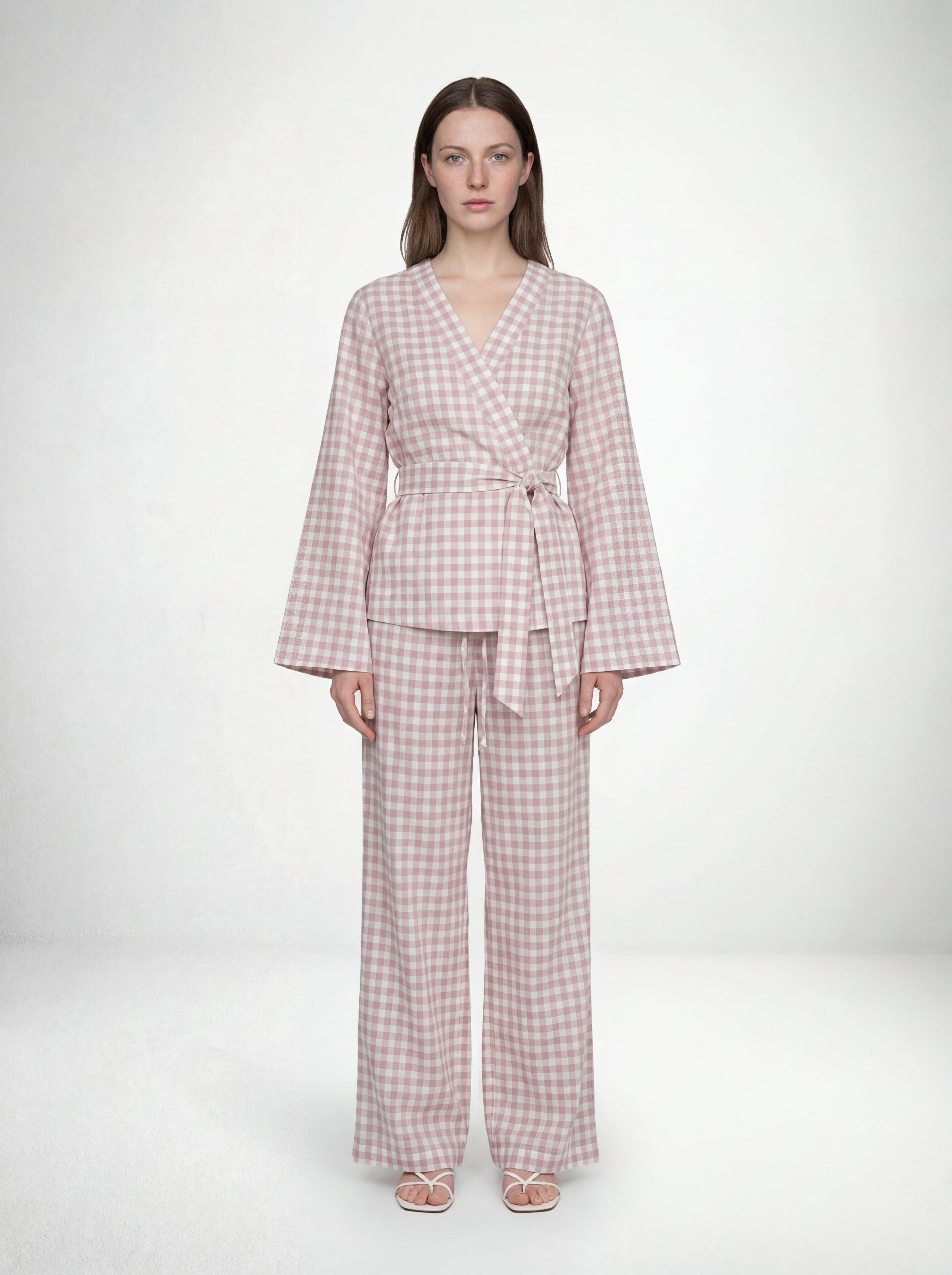 Long Sleeve Kimono Wrap Top in Pink Gingham