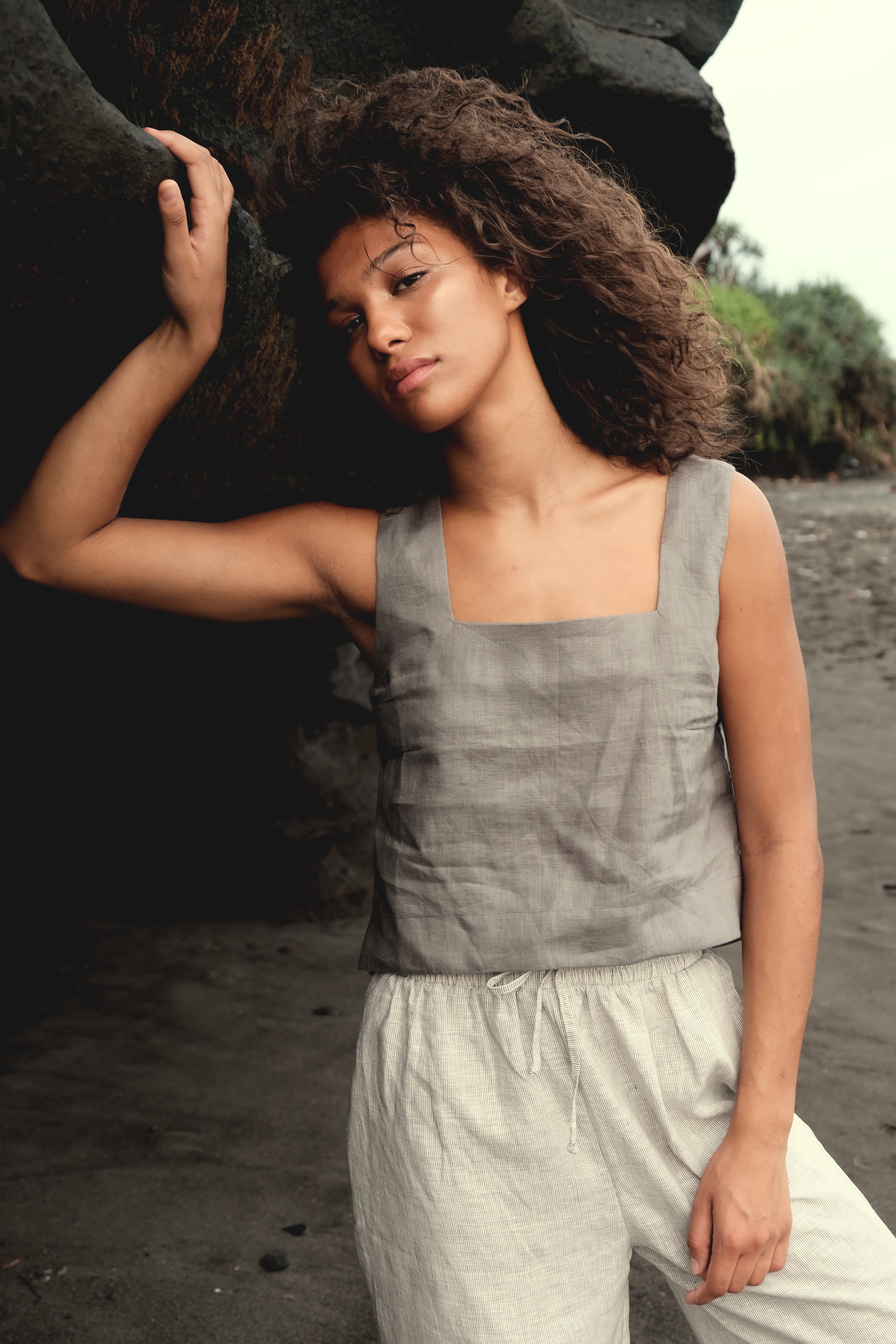 Square Neckline Tank Top in Gray Green