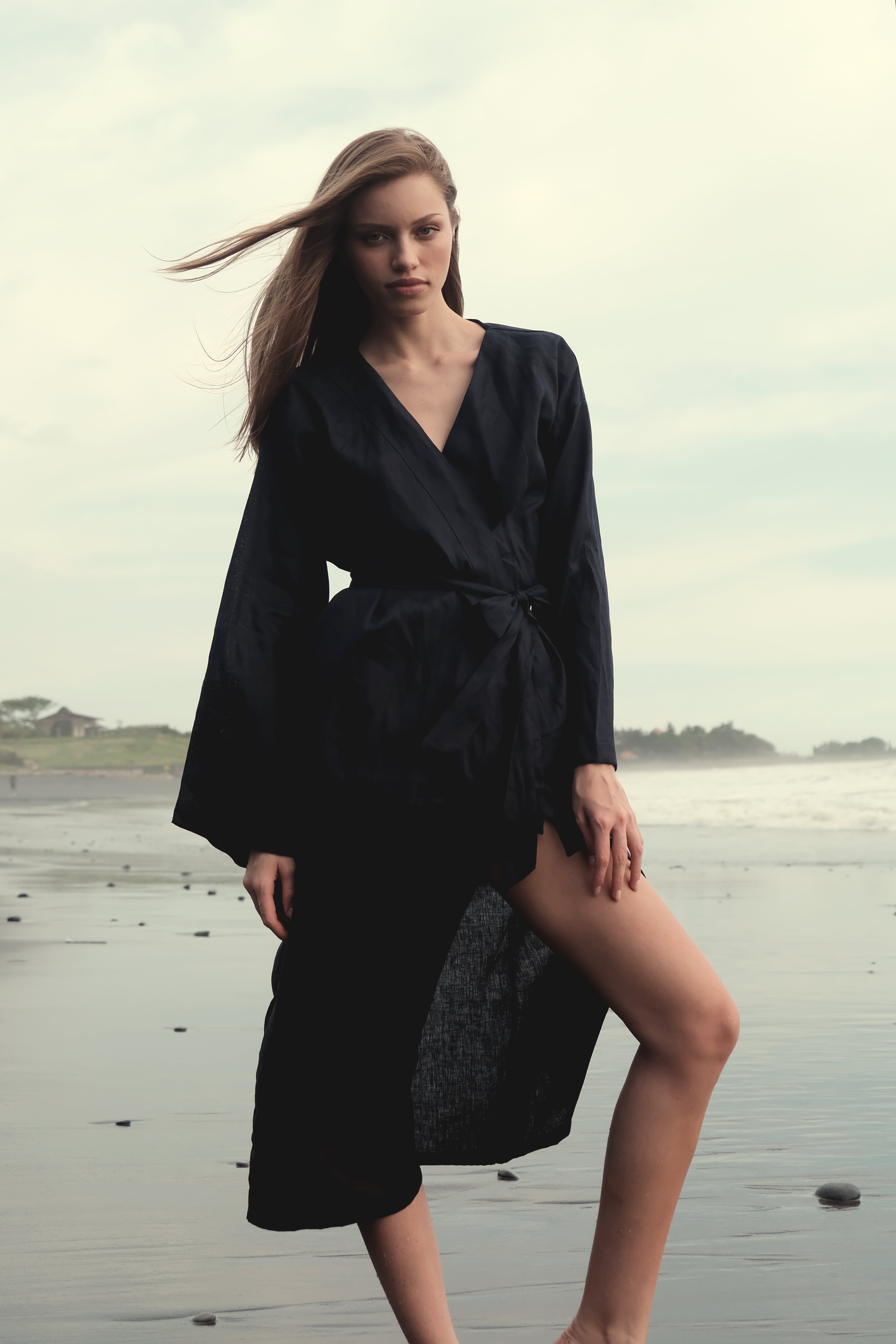 Long Sleeve Kimono Wrap Top in Navy