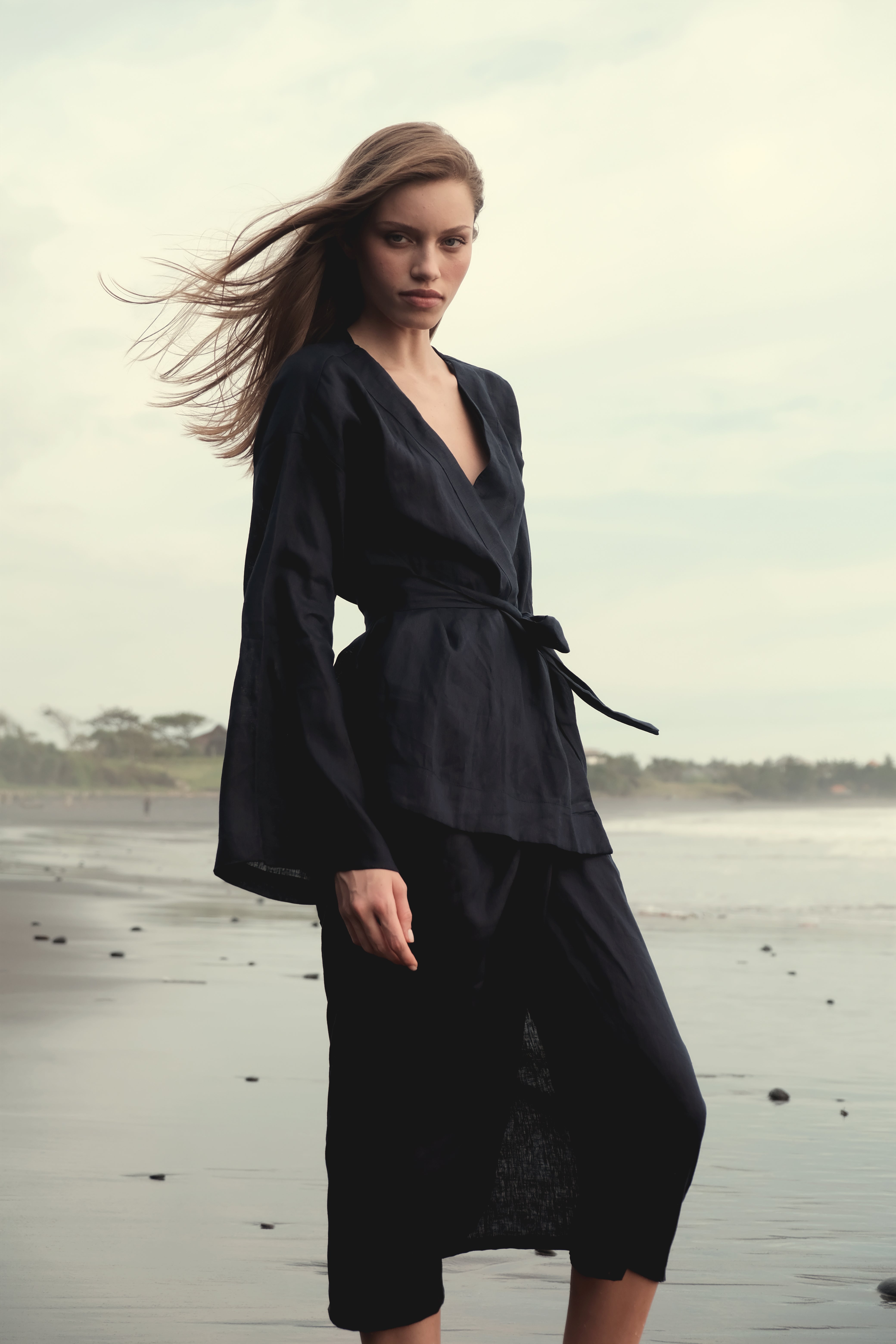Long Sleeve Kimono Wrap Top in Navy