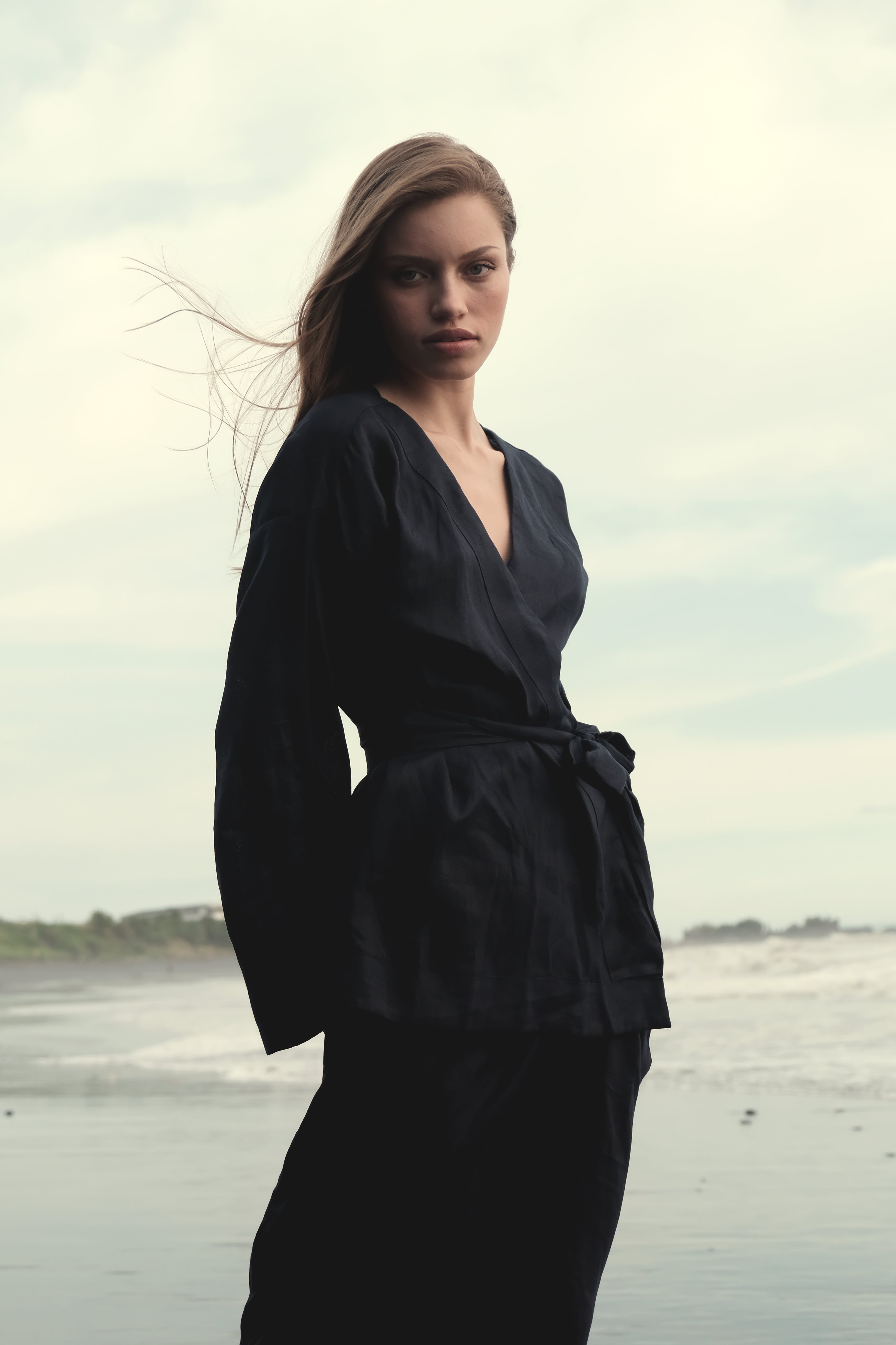 Long Sleeve Kimono Wrap Top in Navy