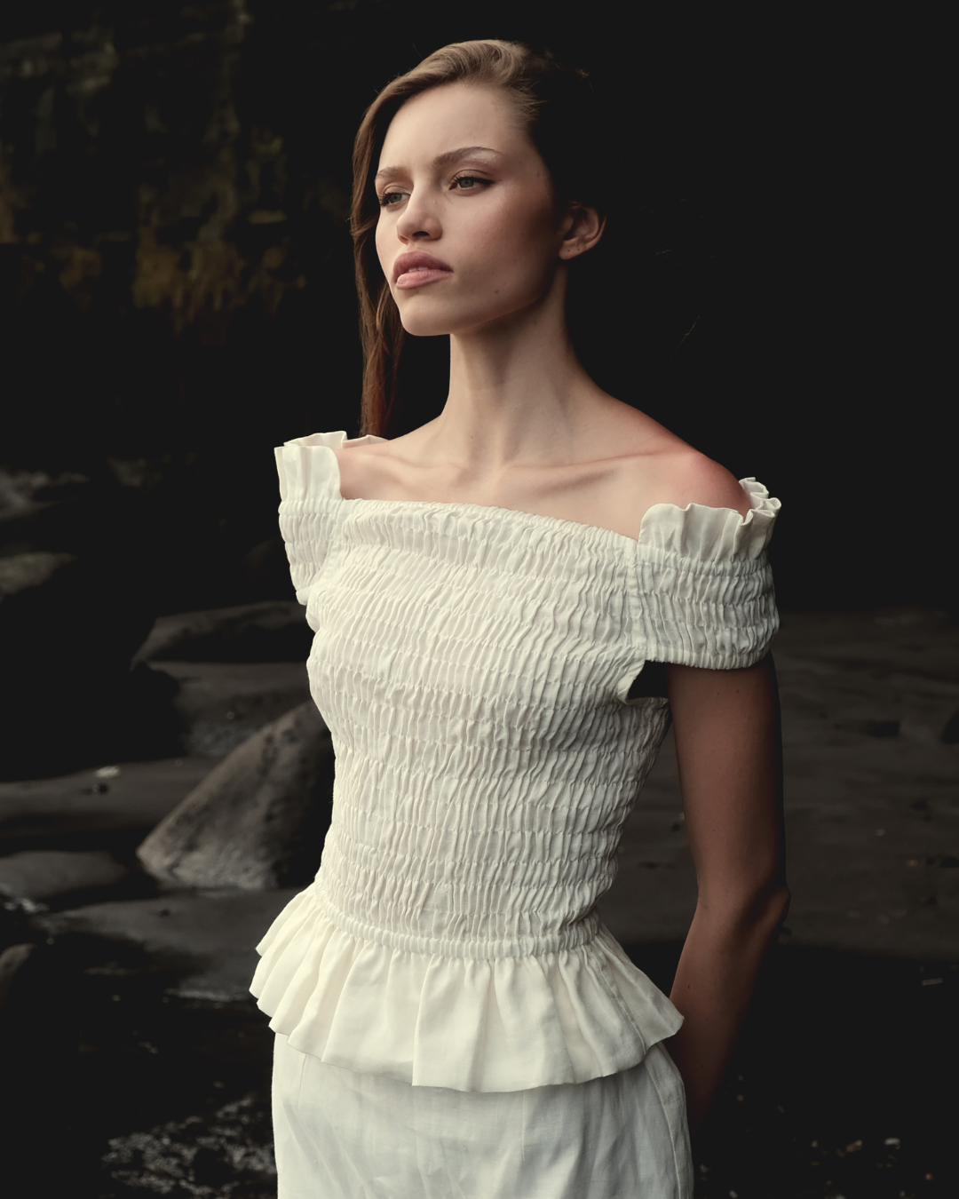 Off-the-Shoulder Big Ruffle Hem Top in White