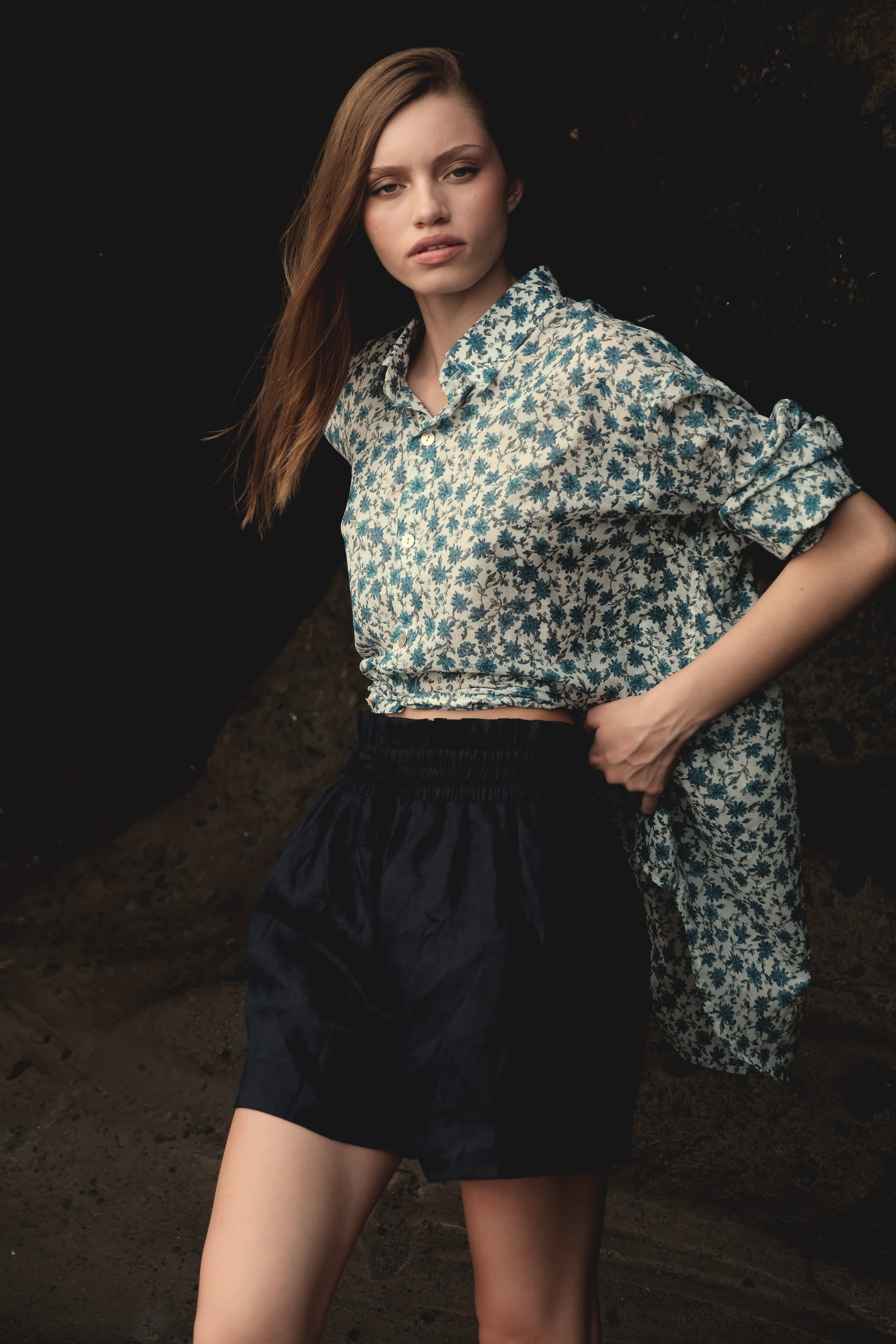 Oversized Button Down in Blue Floral Cotton Gauze