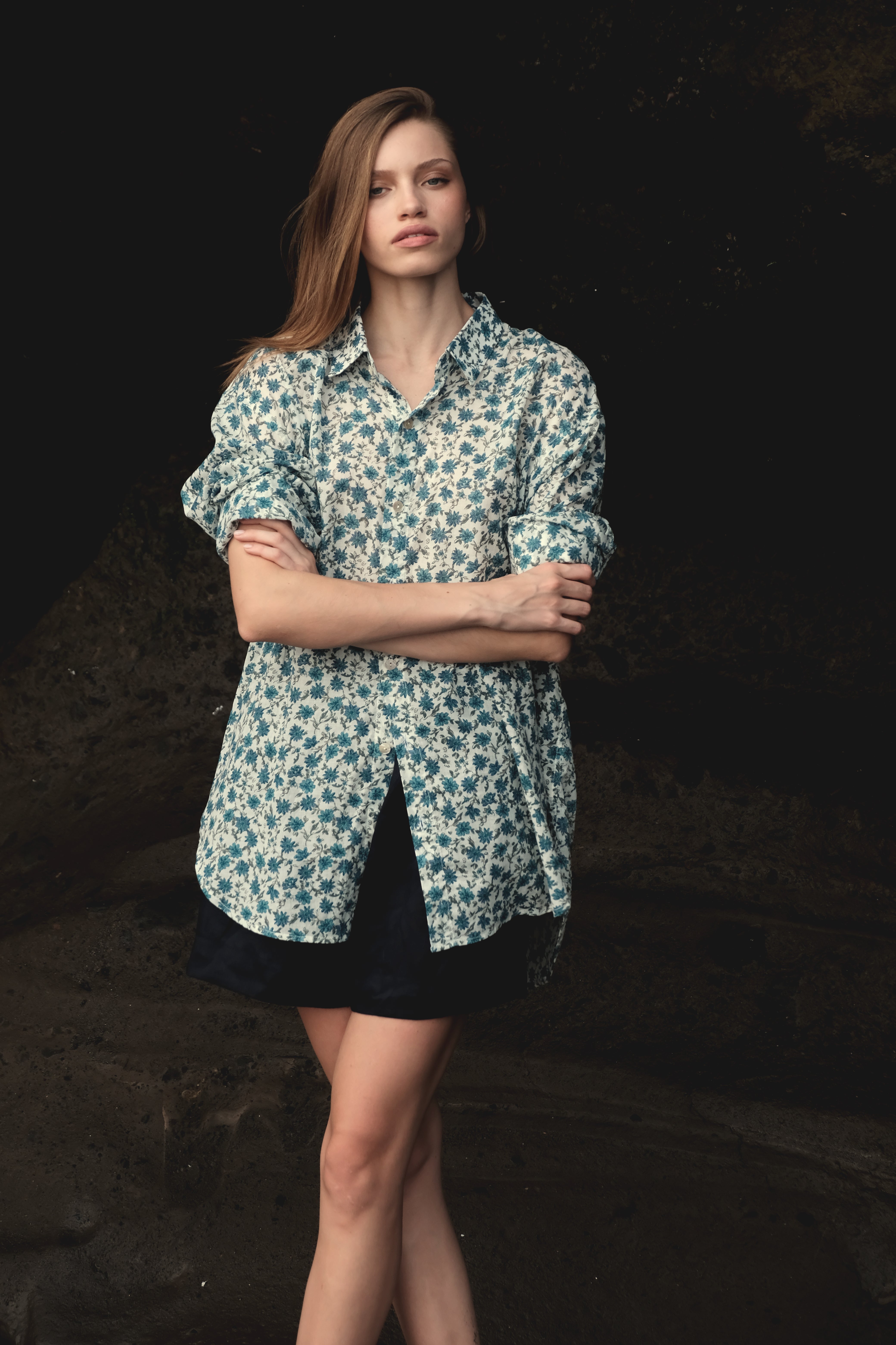 Oversized Button Down in Blue Floral Cotton Gauze