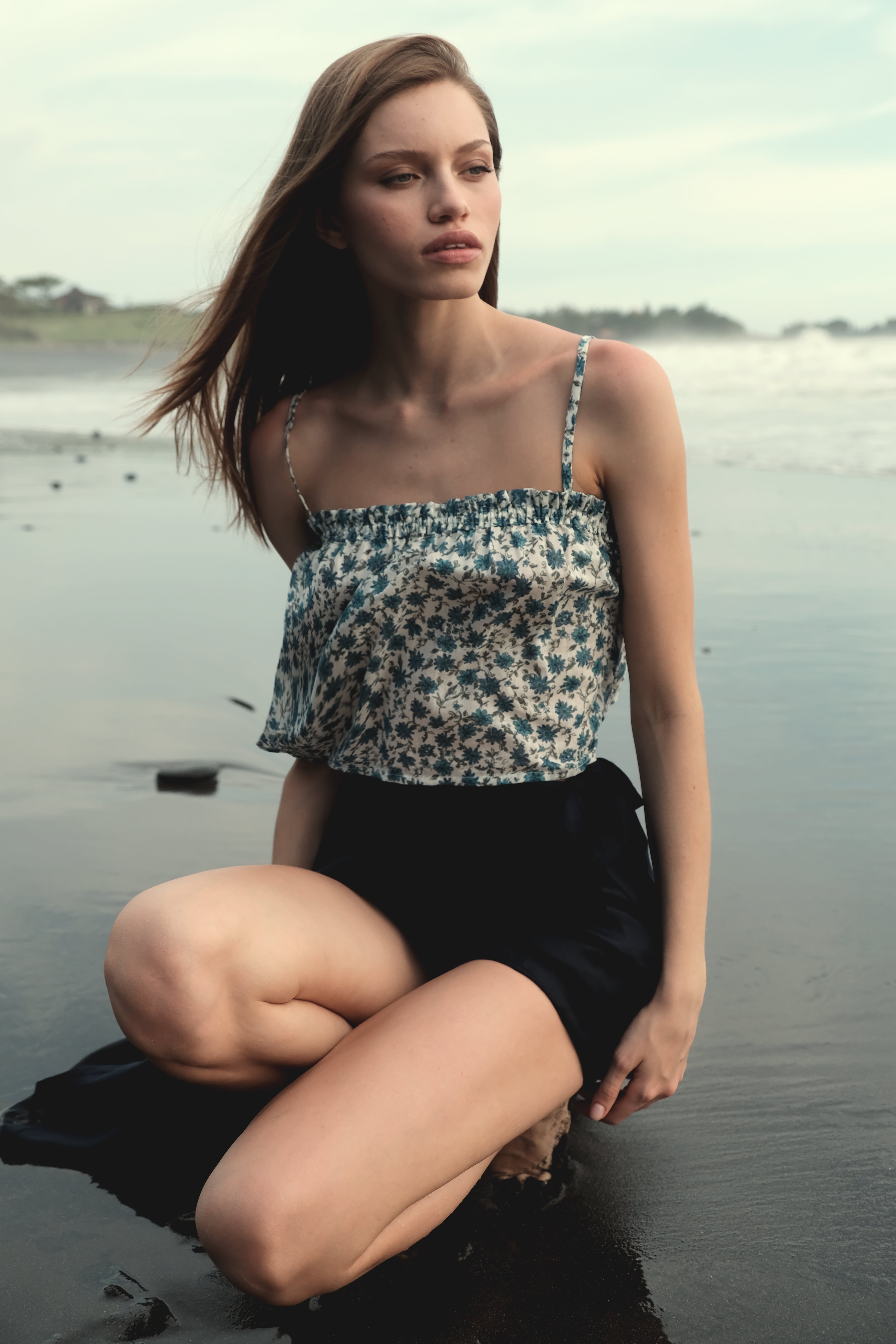 Ruffle Tank Top in Blue Floral Cotton Gauze