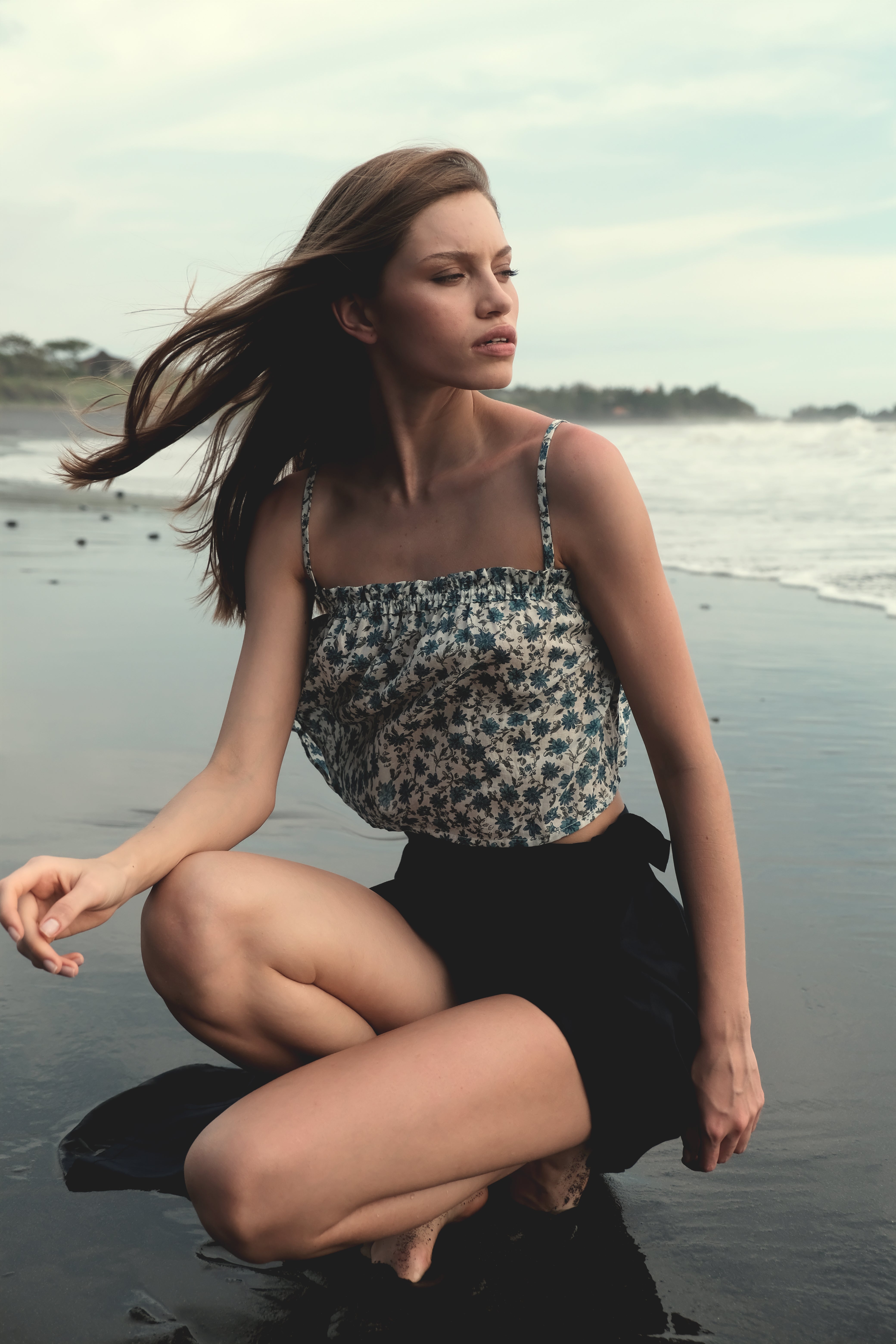 Ruffle Tank Top in Blue Floral Cotton Gauze