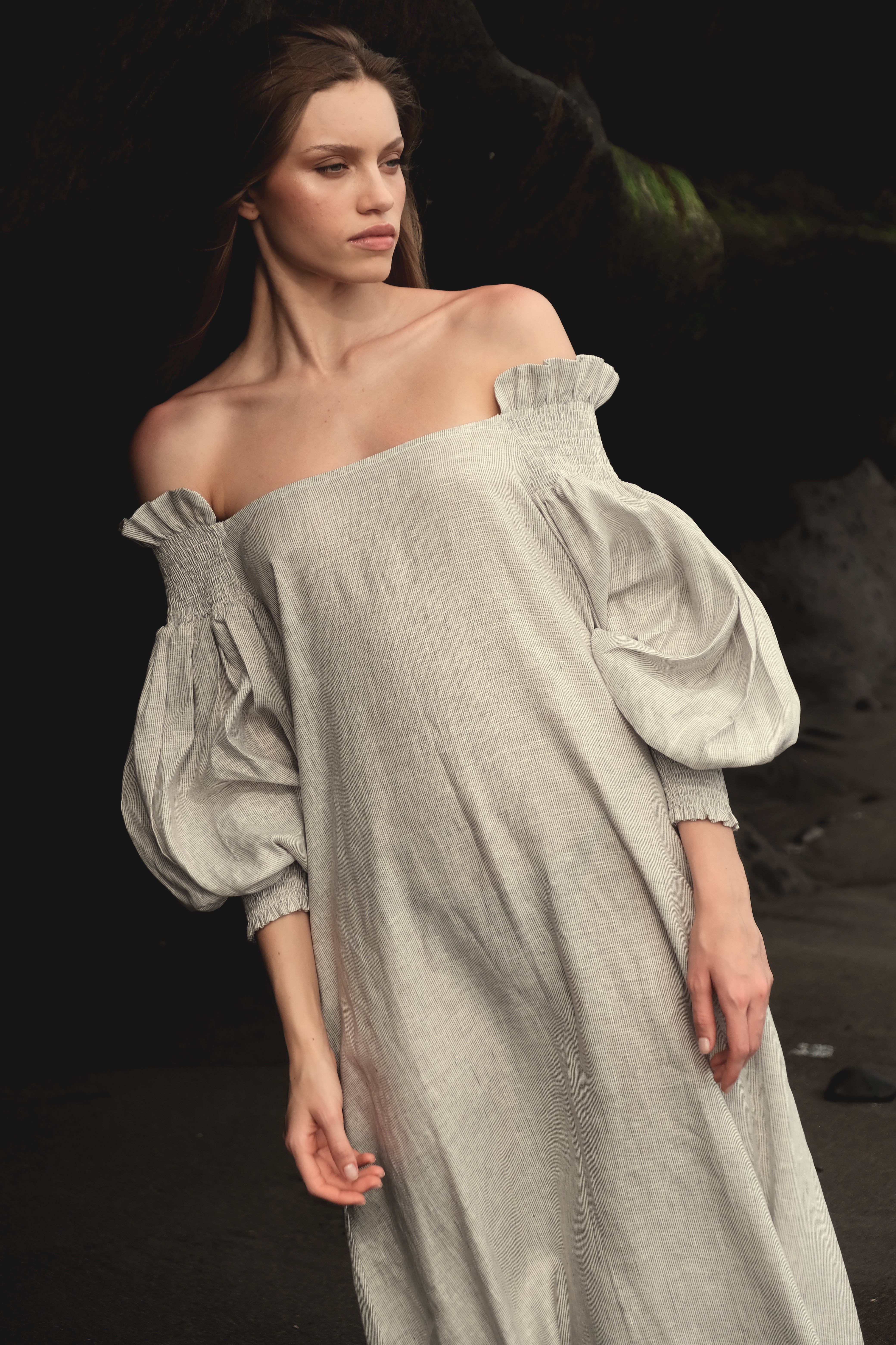 Off-the-Shoulder Shirred Ruffle Maxi Dress in Gray Stripe