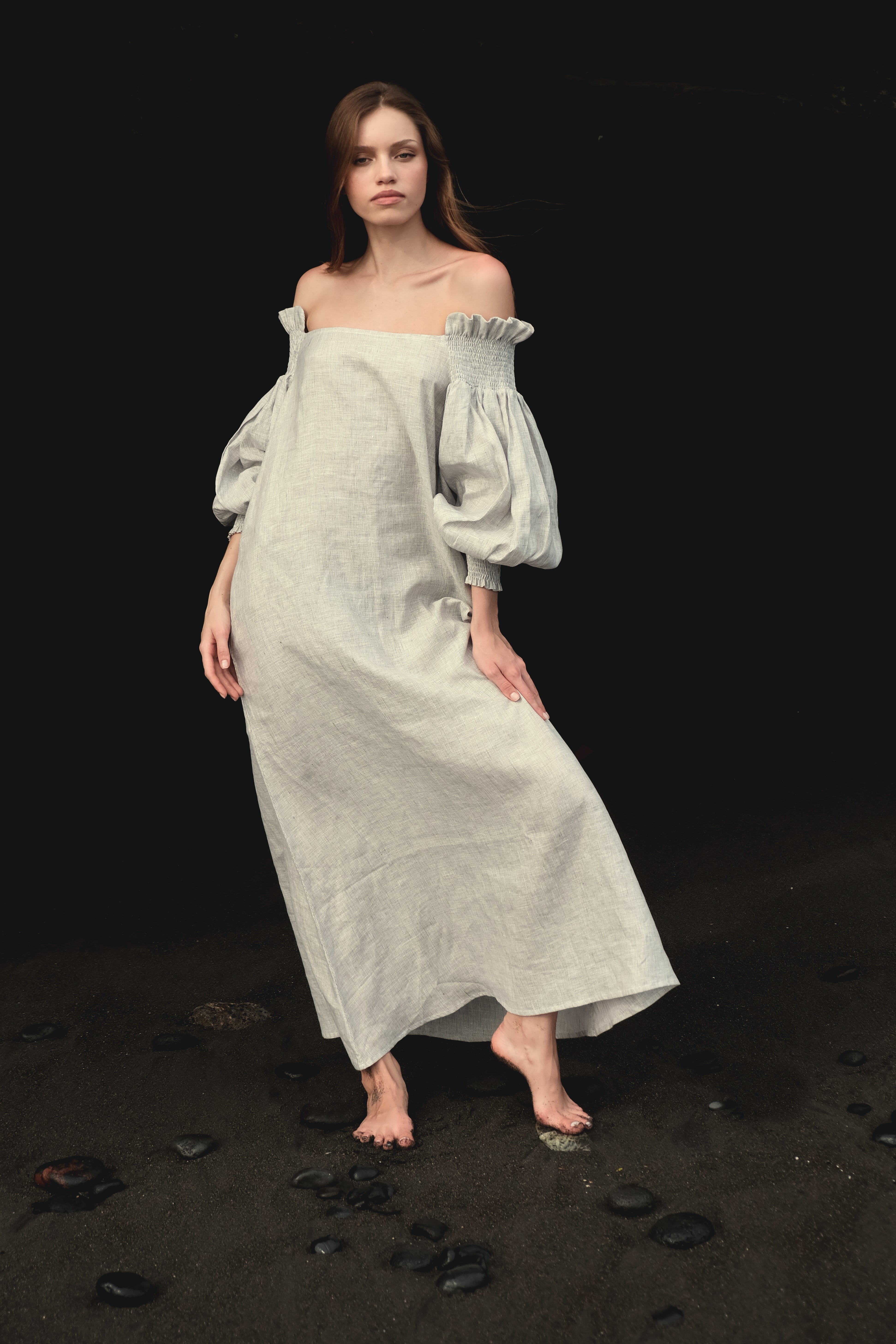 Off-the-Shoulder Shirred Ruffle Maxi Dress in Gray Stripe