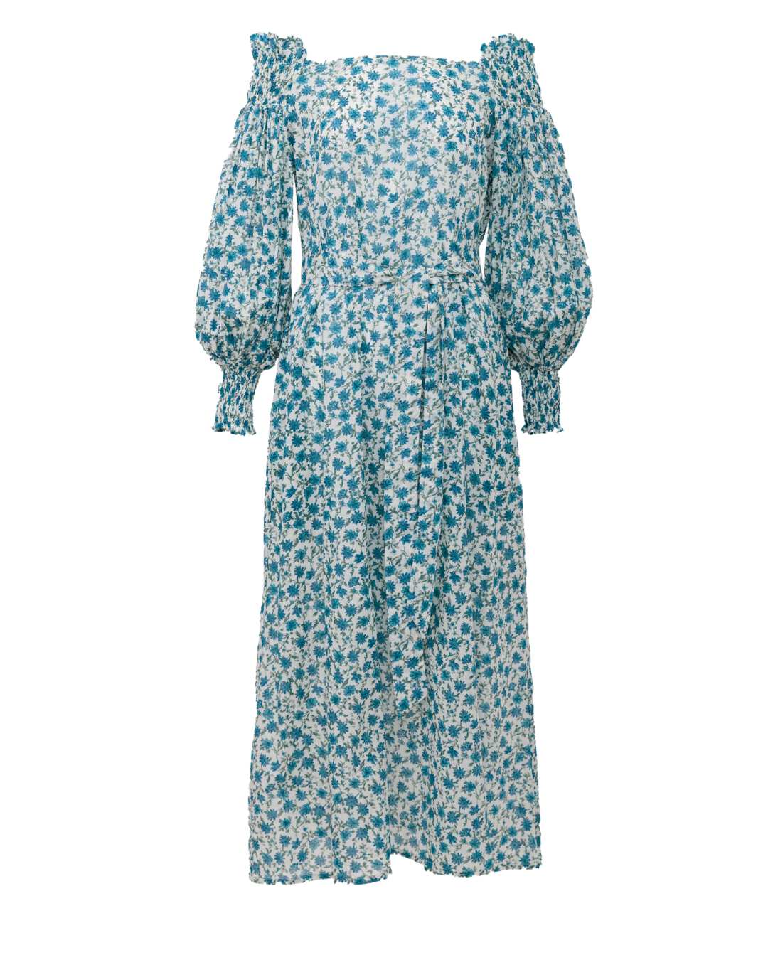 Off-the-Shoulder Shirred Ruffle Maxi Dress in Blue Floral Cotton Gauze