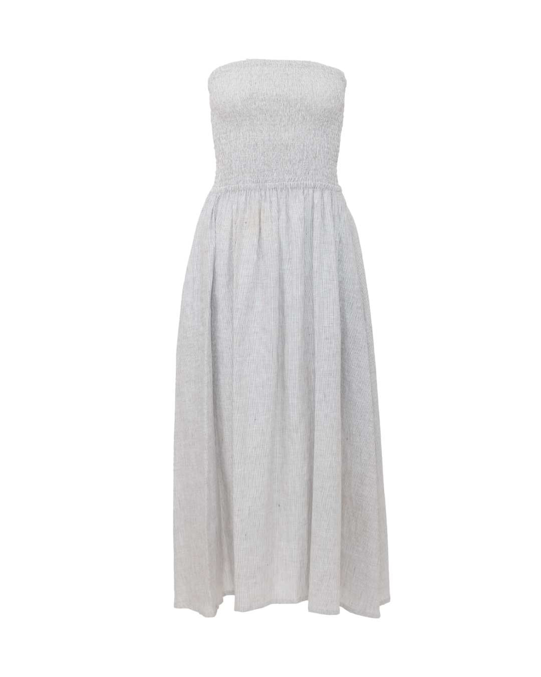 Shirred Tube Midi Dress in Gray Stripe