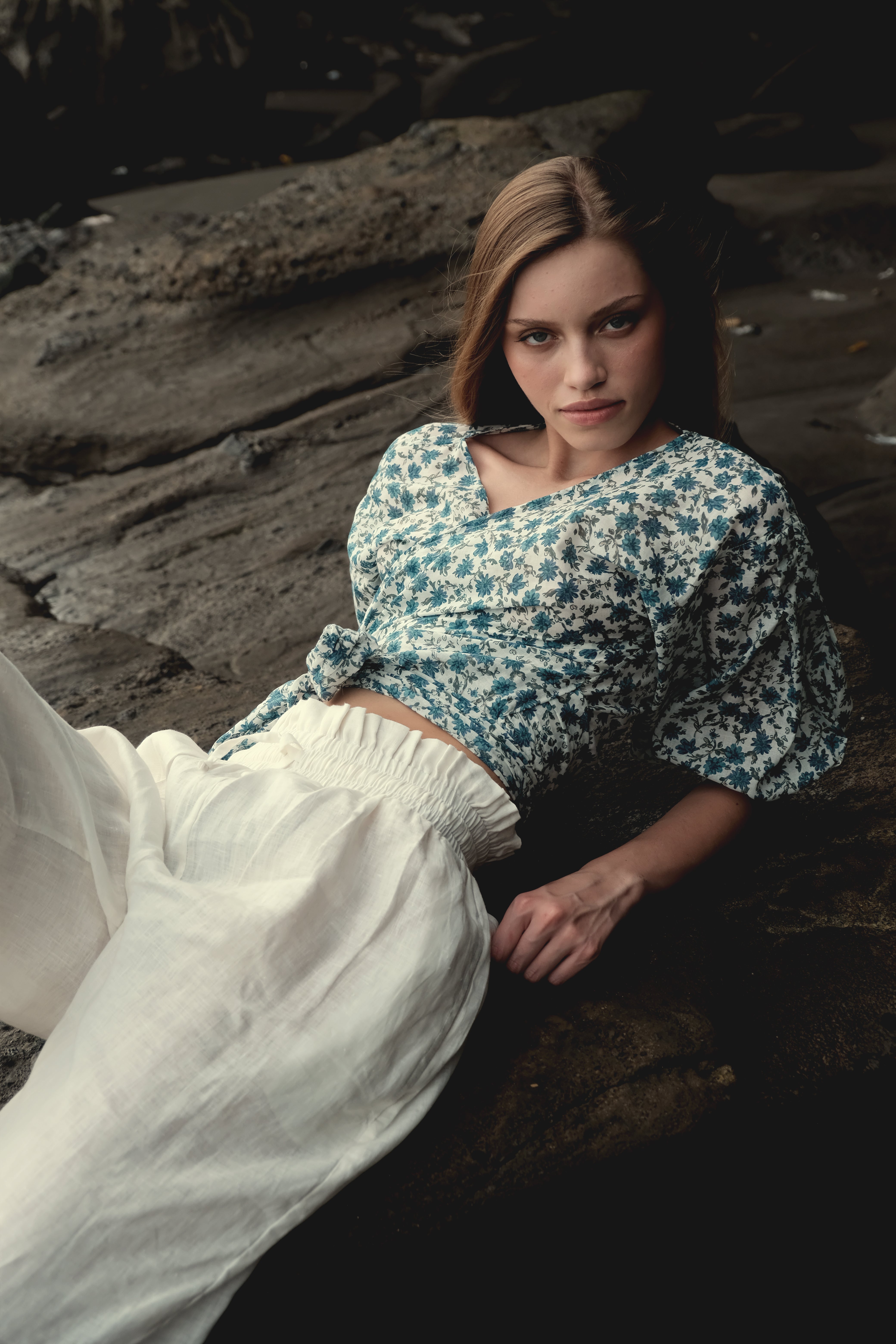 Wrap Top in Blue Floral Cotton Gauze