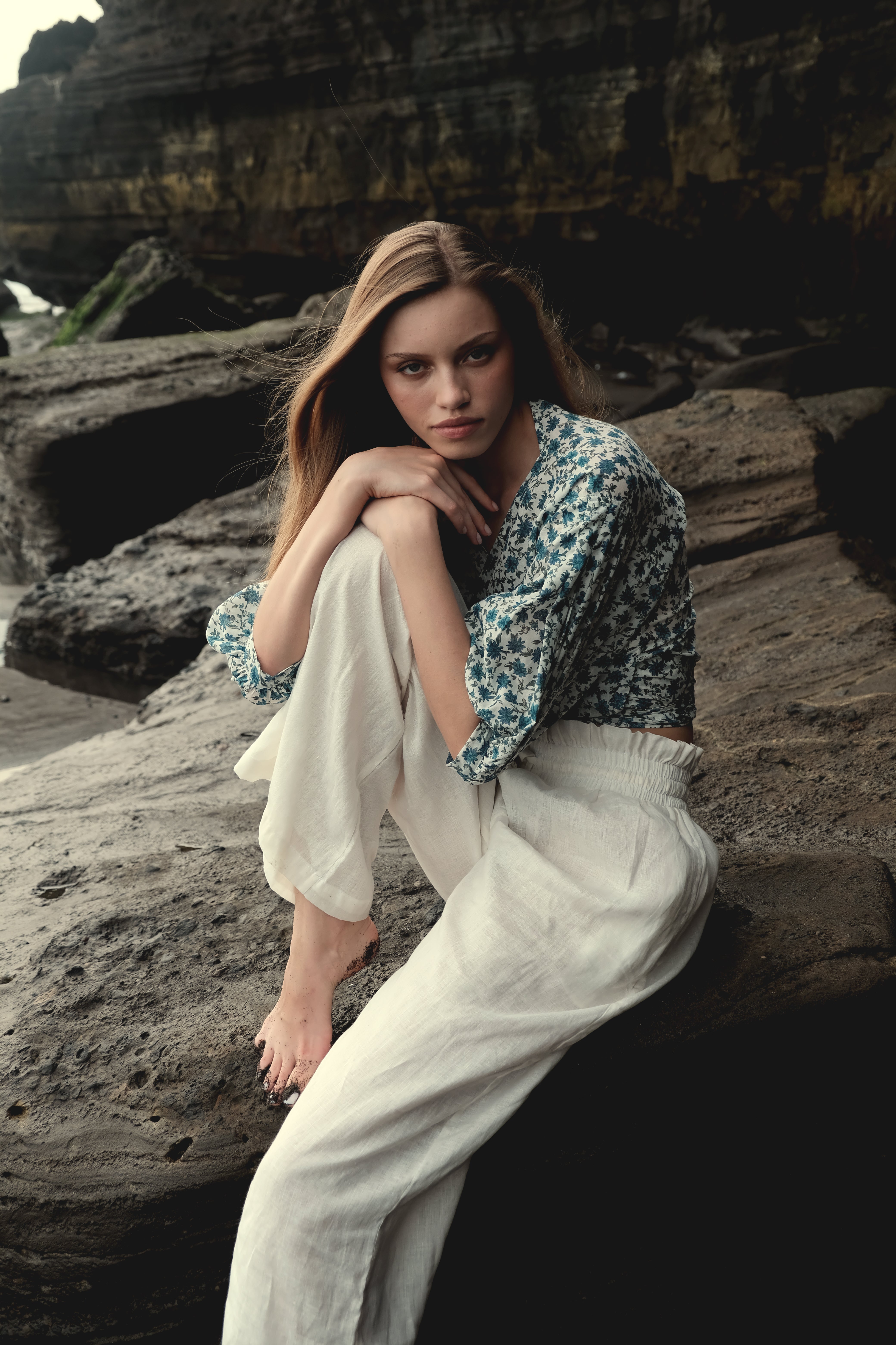 Wrap Top in Blue Floral Cotton Gauze