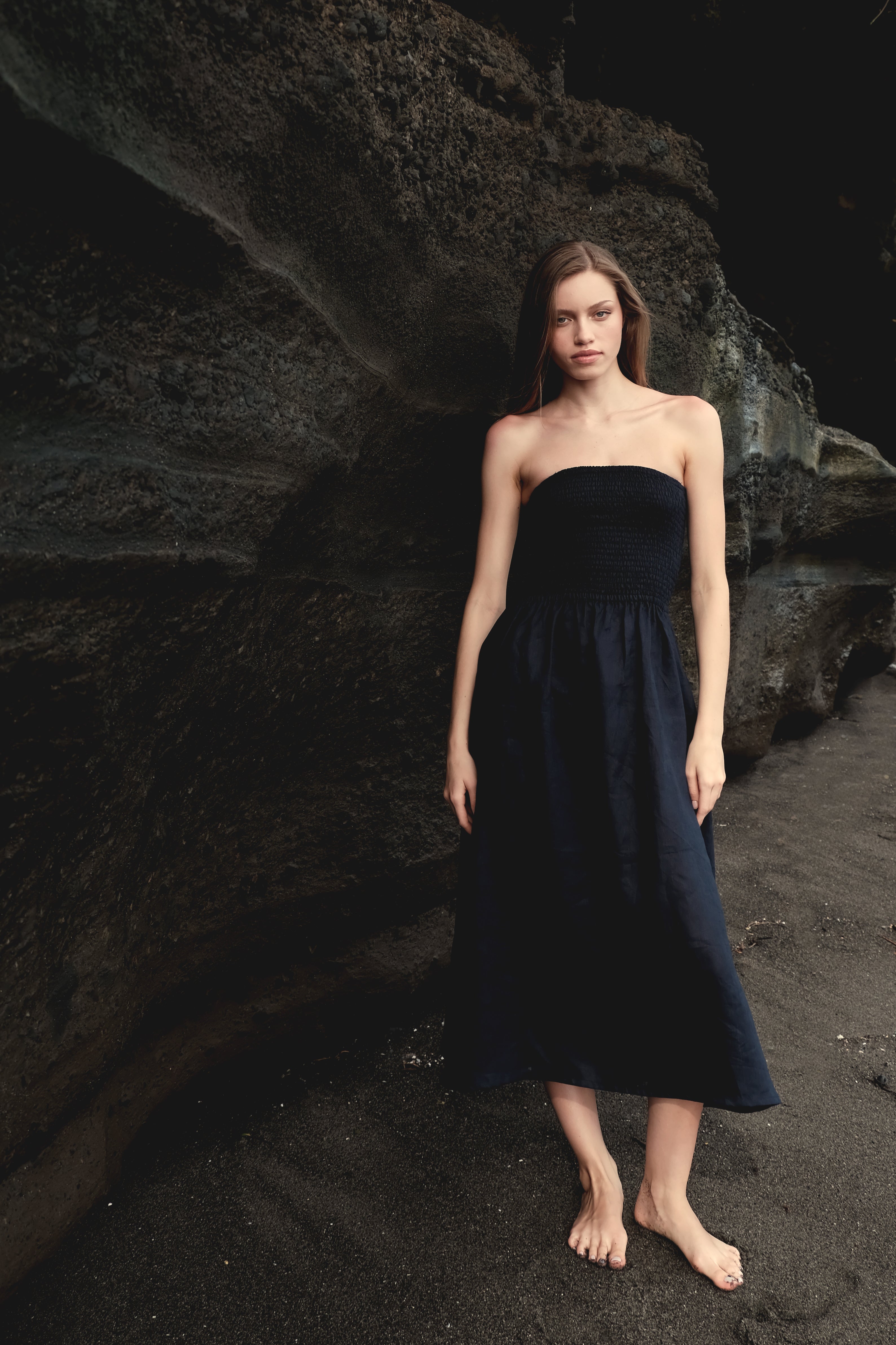 Shirred Tube Midi Dress in Navy