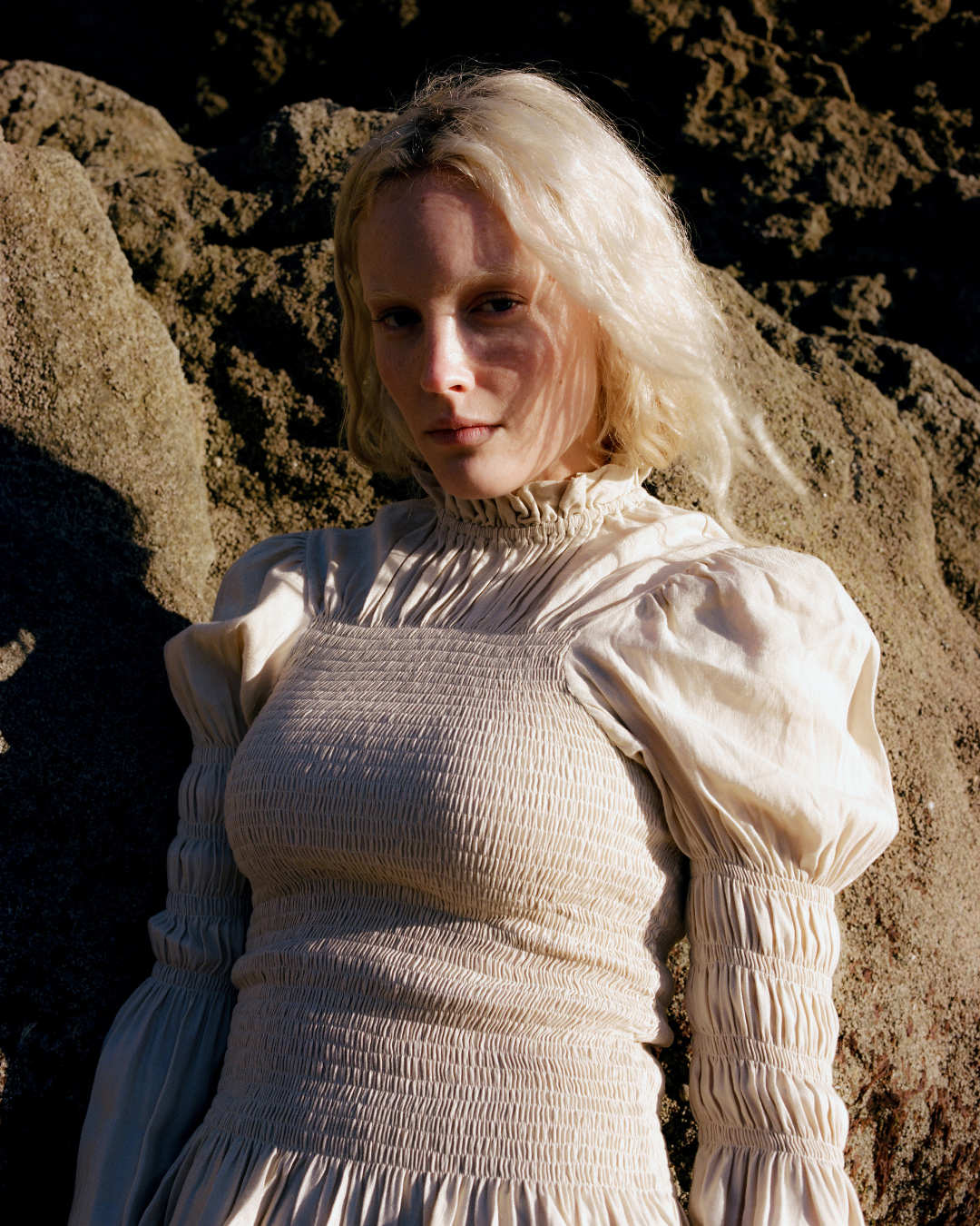 Rohnea Linen Shirring Turtleneck in Cream