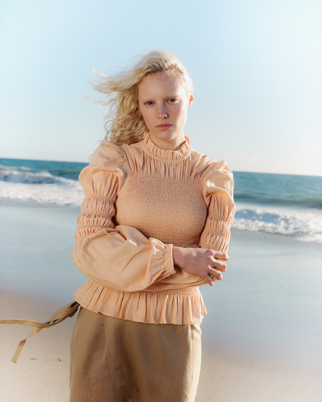 Rohnea Linen Shirring Turtleneck in Sherbert Orange