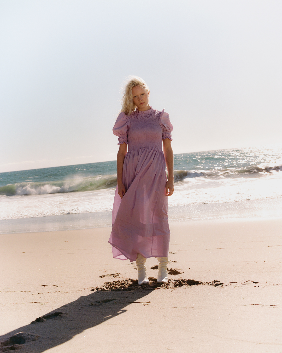 Shirred Pleated Turtleneck Maxi Dress in Lilac