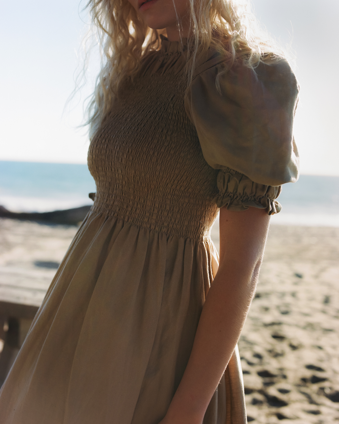 Shirred Pleated Turtleneck Maxi Dress in Camel