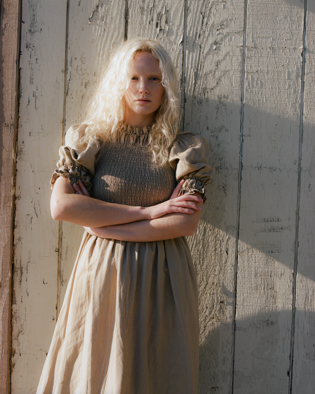 Shirred Pleated Turtleneck Maxi Dress in Lilac